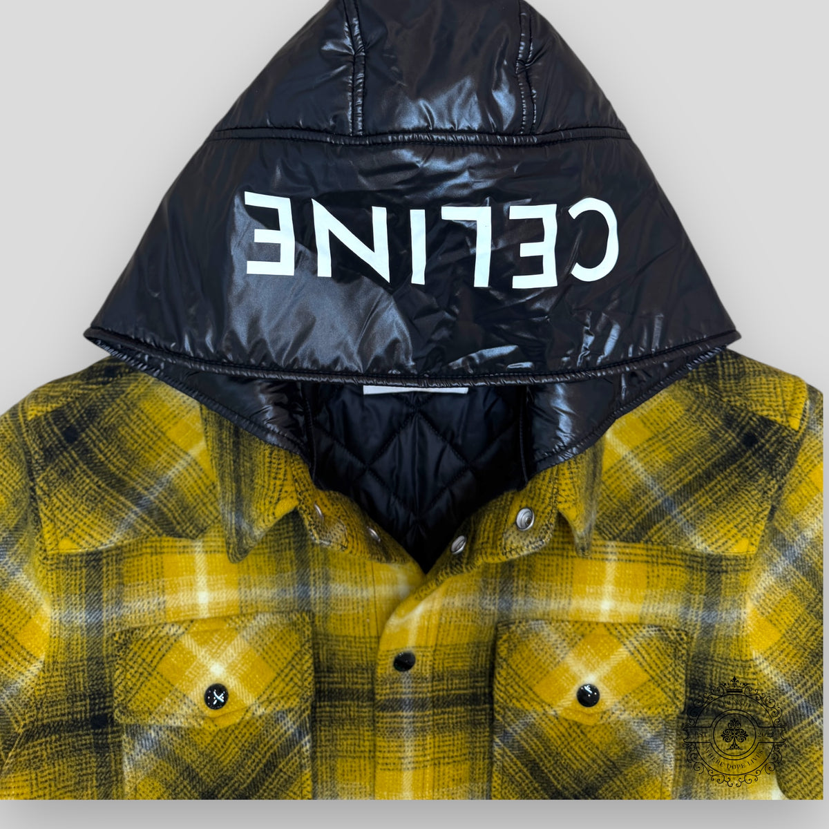 Celine Homme Logo Nylon Trim Flannel Hooded Overshirt in Yellow