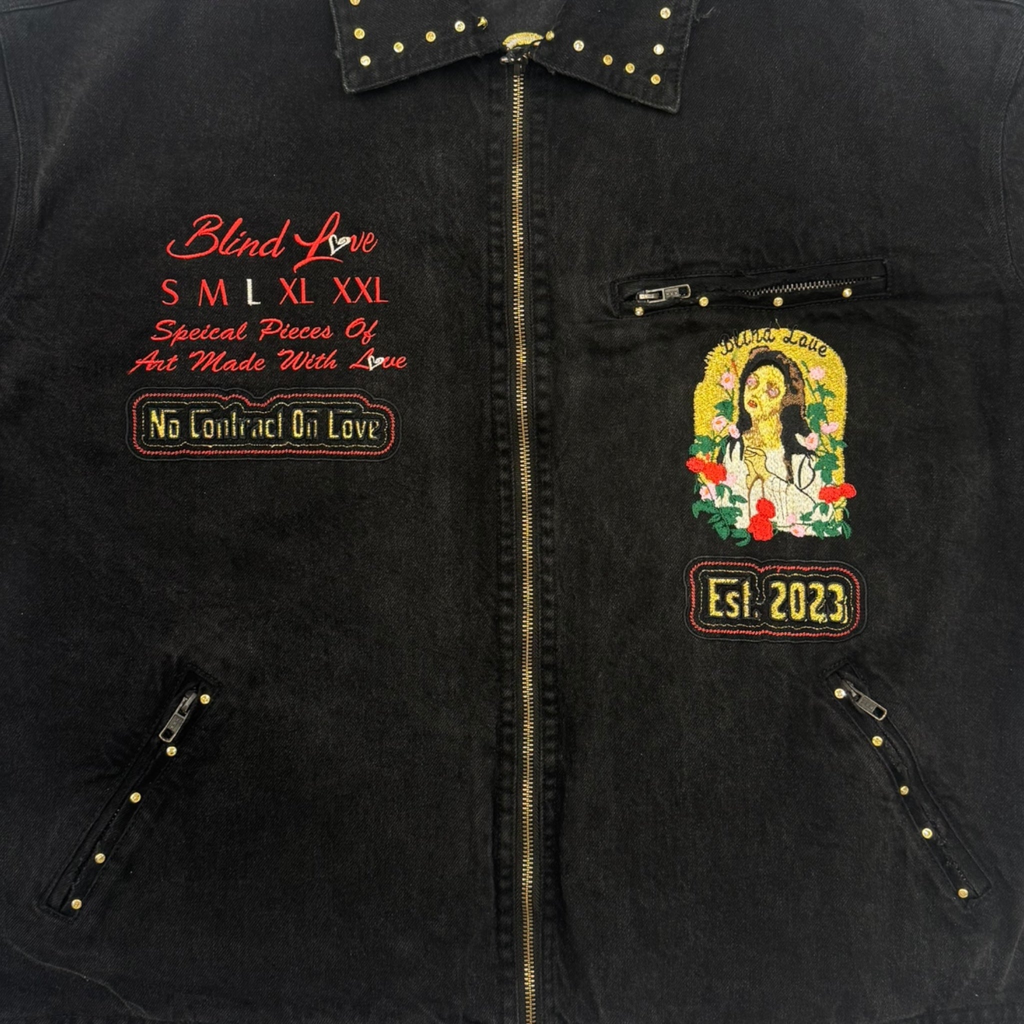 Blind Love Studded Embroidery Mary Trucker Jacket in Black