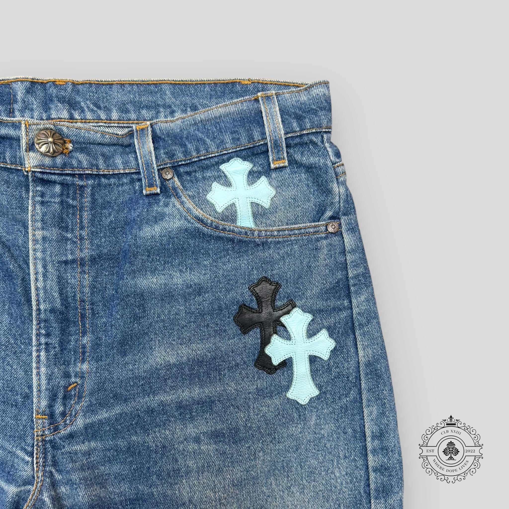 Chrome Hearts Baby Blue Cross Patch Jeans