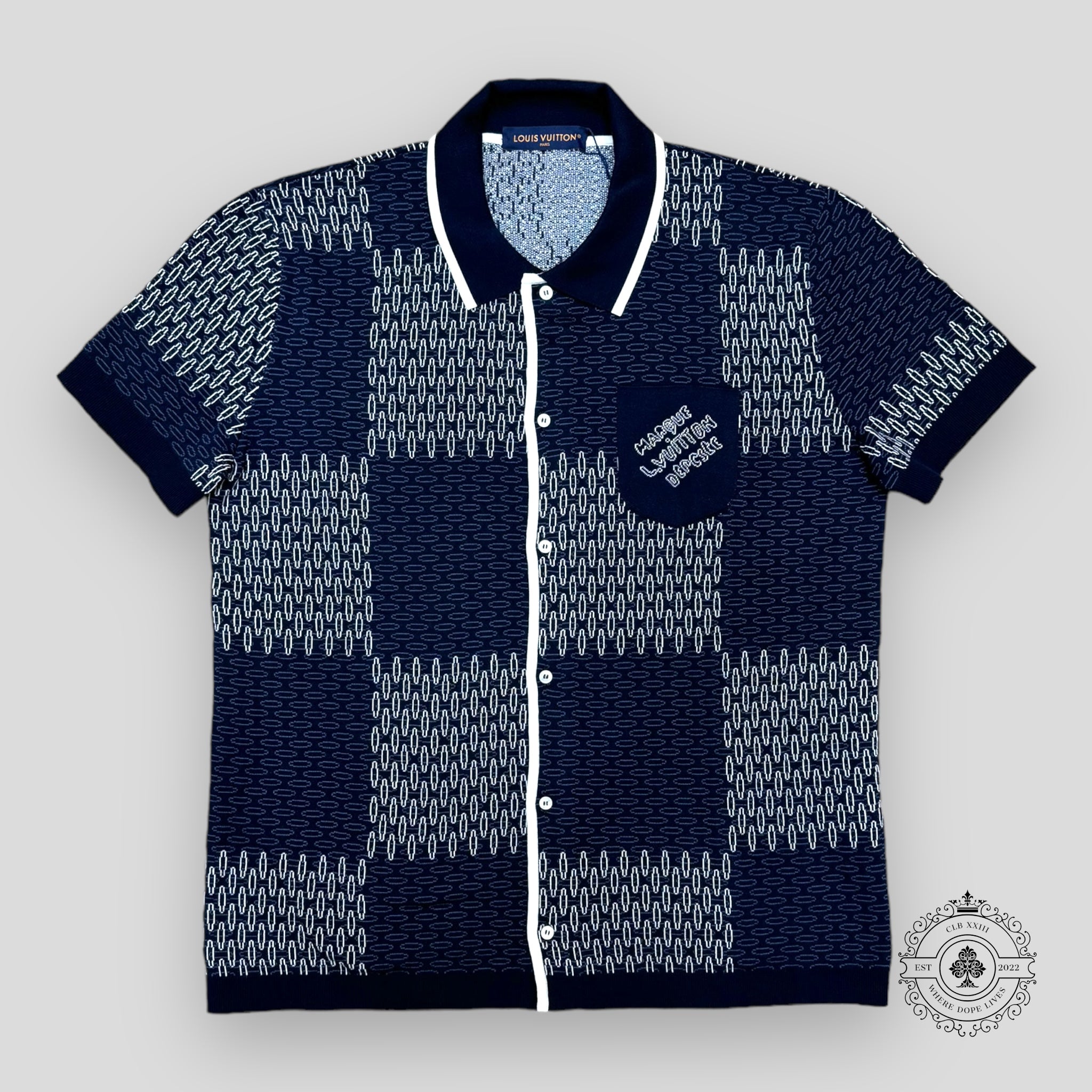 Louis Vuitton Tennis Damier Jacquard Short-Sleeved Quilted Cotton Button Up Shirt in Navy Blue