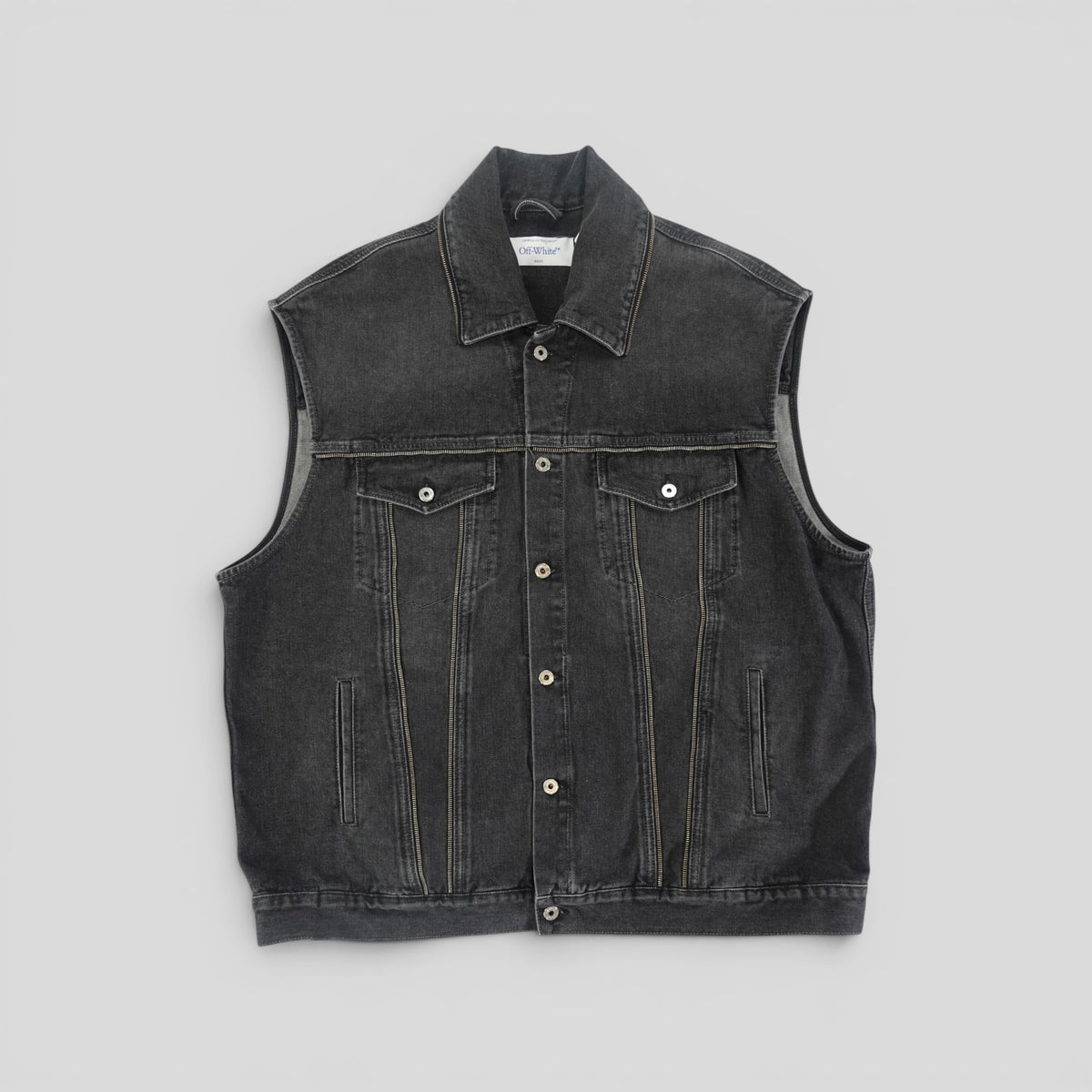 Off White Zipper Embellished Denim Vest in Black