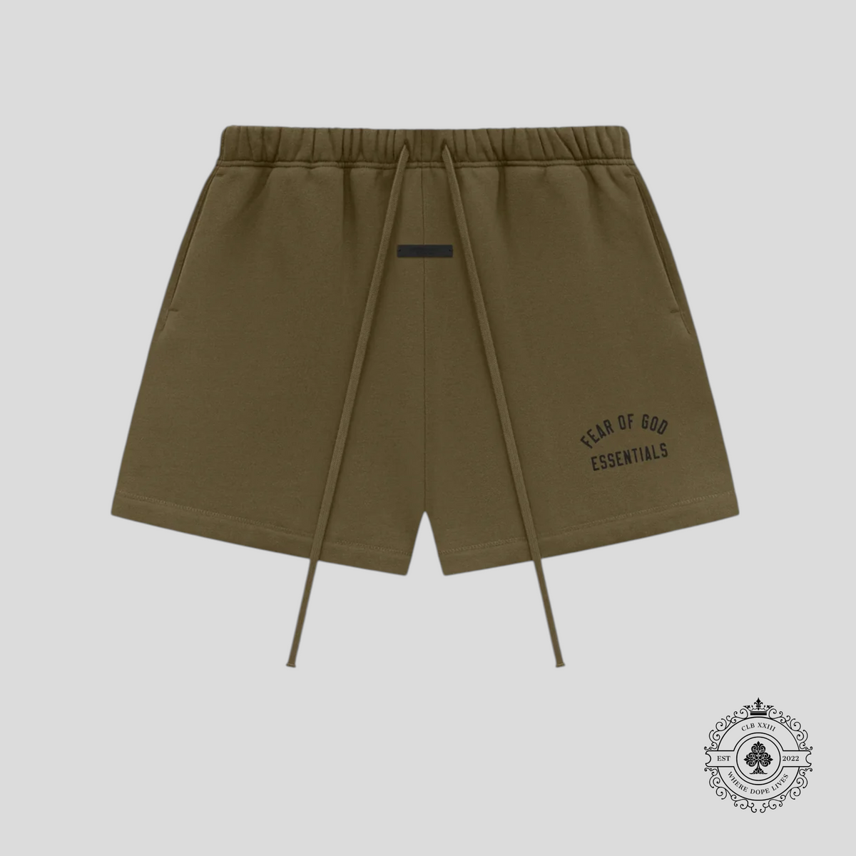 Fear Of God Essentials Fleece Soccer Shorts in Olive