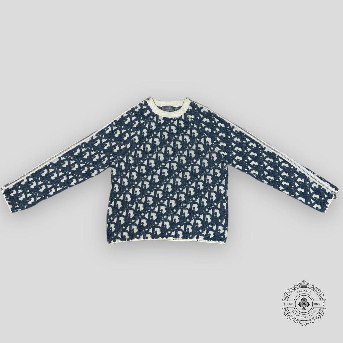 Dior Zip Sleeve Oblique Sweater in White/Blue