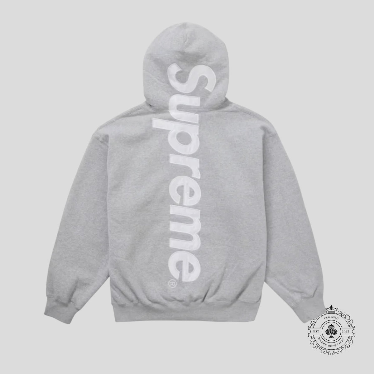 Supreme Satin Applique Hooded Sweatshirt in Grey