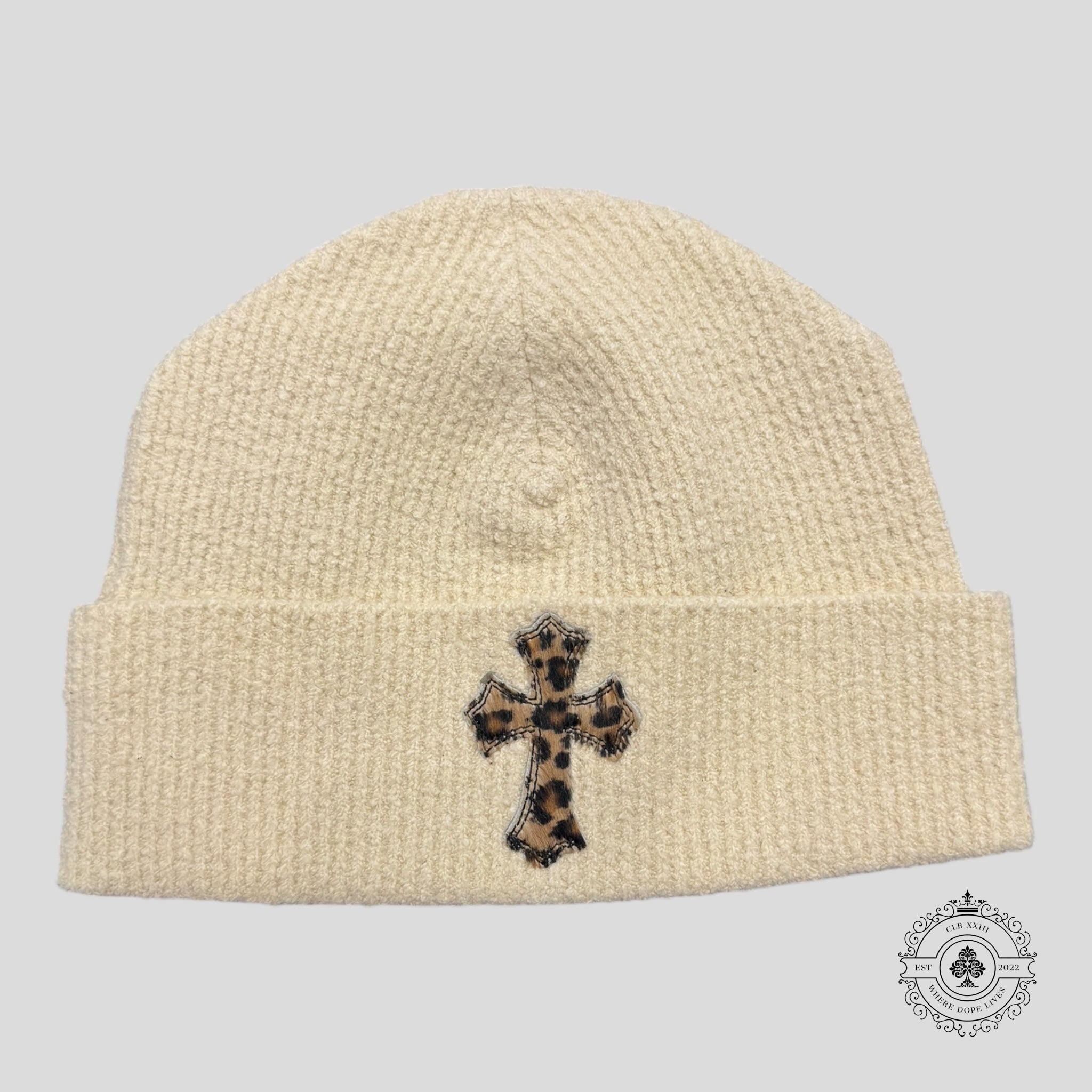 Chrome Hearts Pony Hair Cross Patch Beanie in Cream / Leopard
