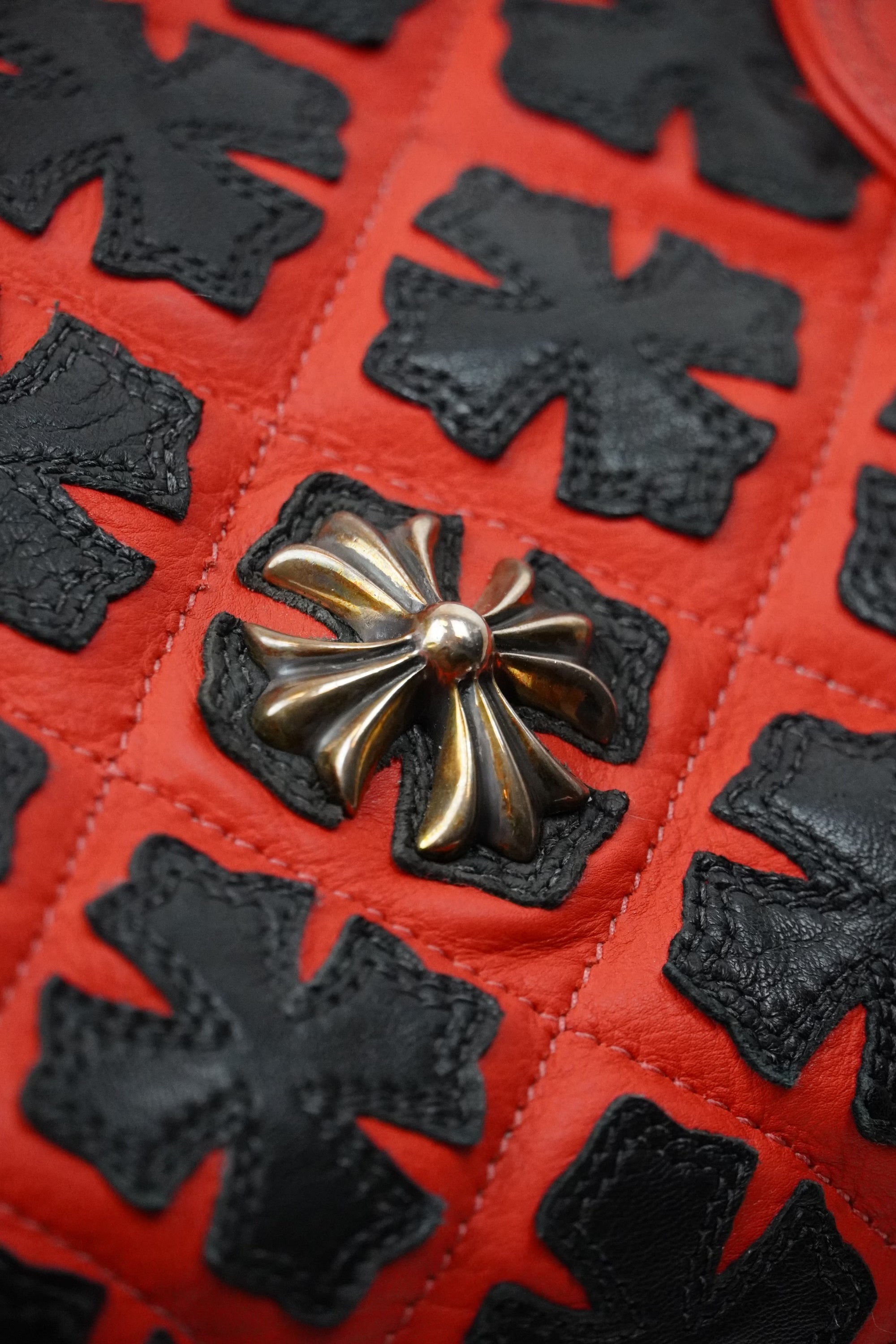 CHROME HEARTS LEATHER CROSS PATCH DUFFLE BAG - RED