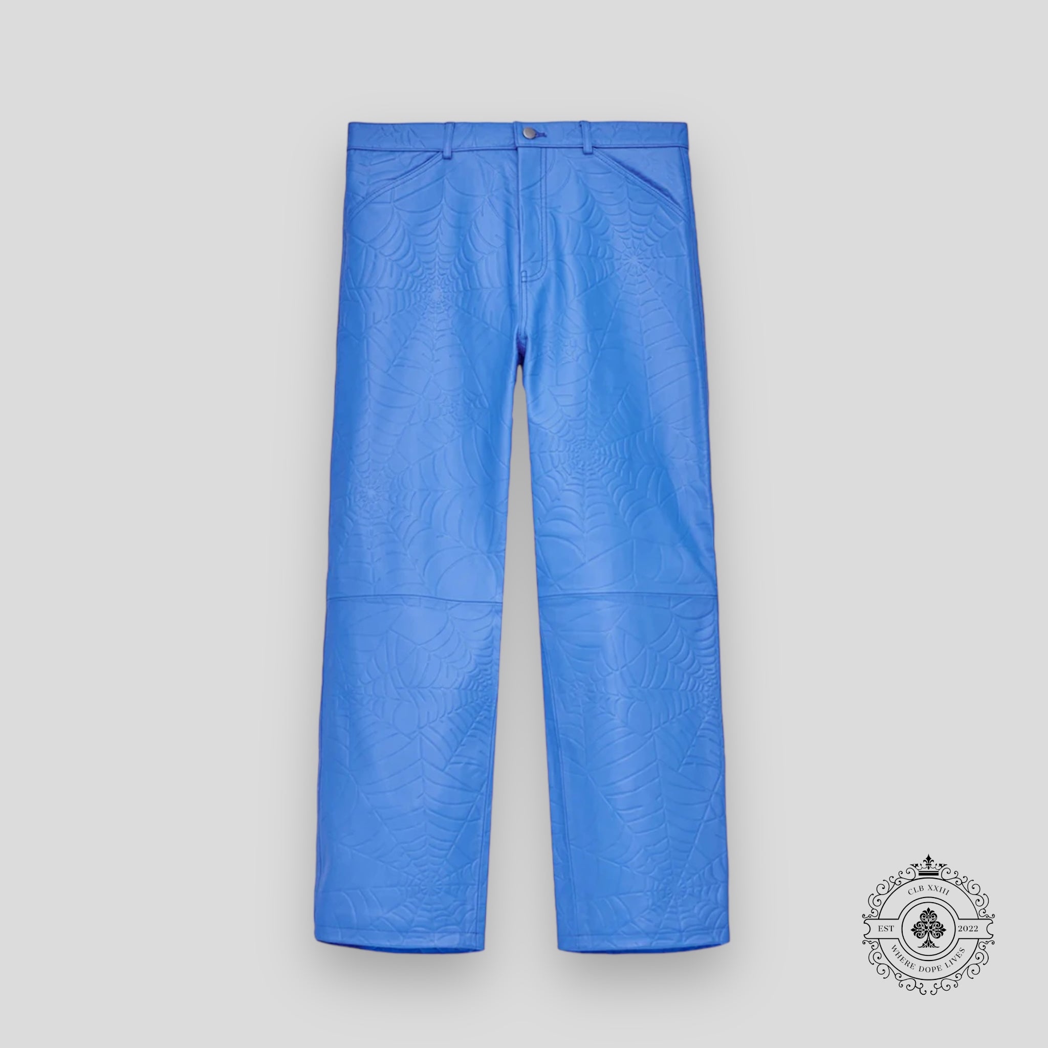 Sp5der Debossed Web Leather Pants in Blue