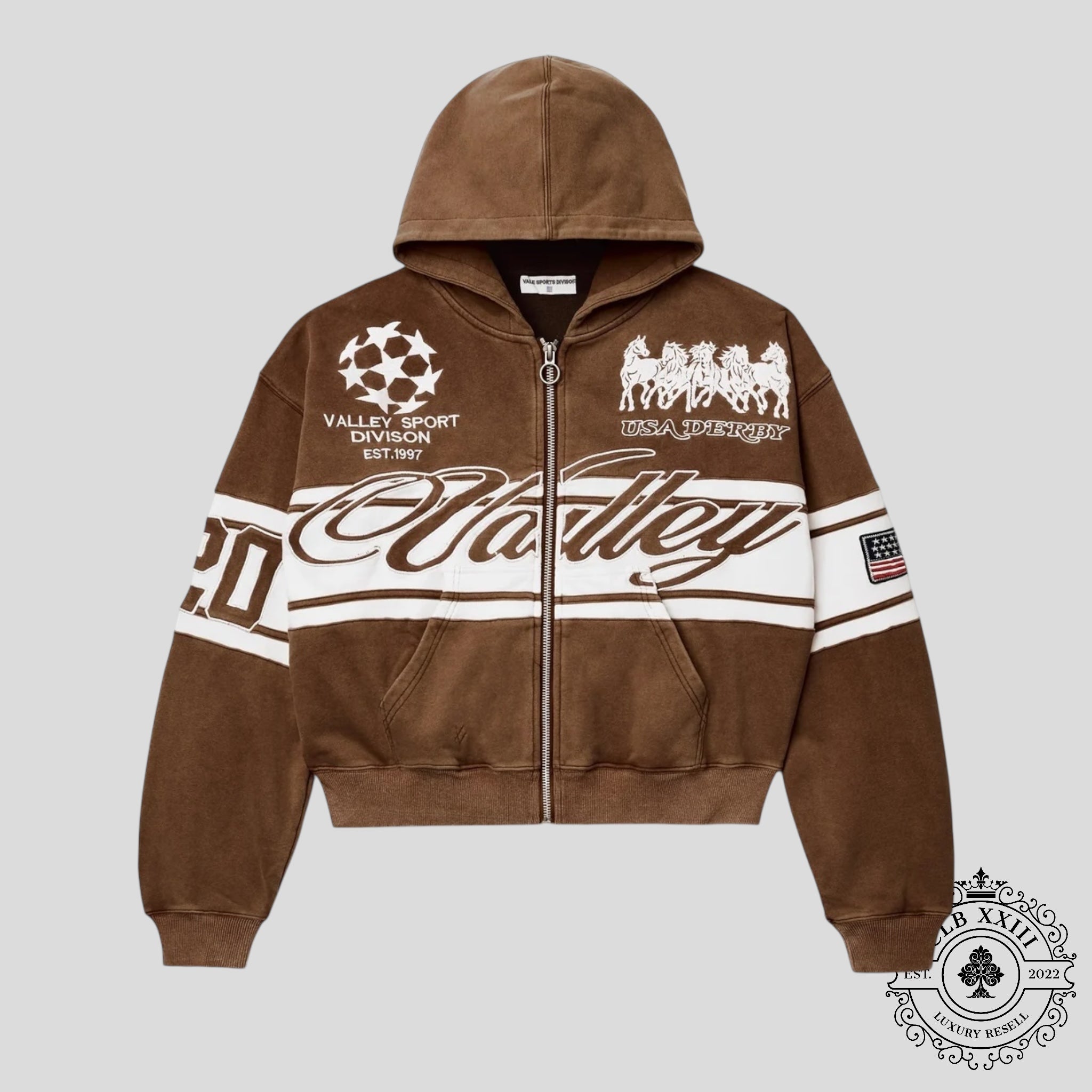 Vale Cursive Zip Up Hoodie in Brown