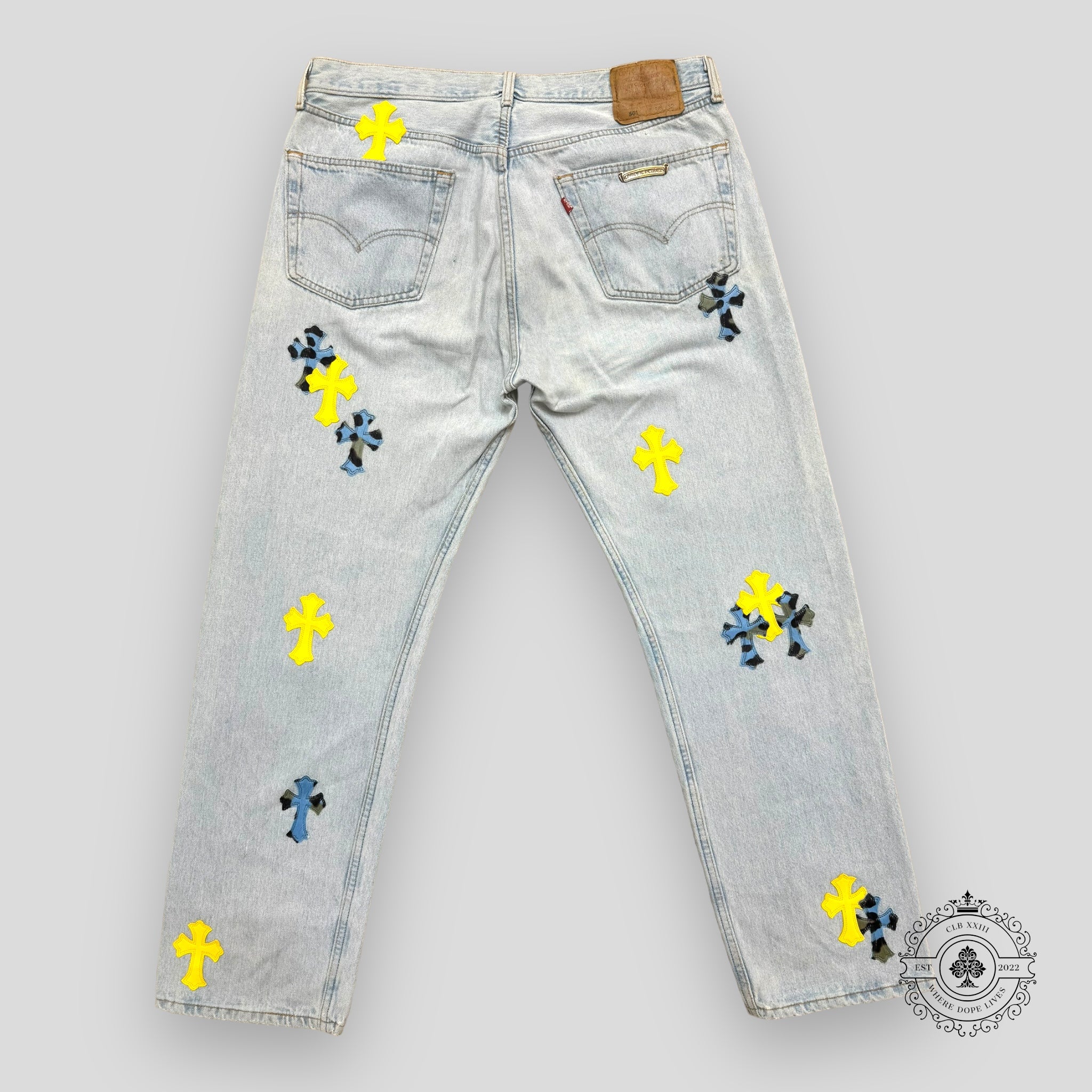 Chrome Hearts Yellow / Blue Cross Patch Jeans