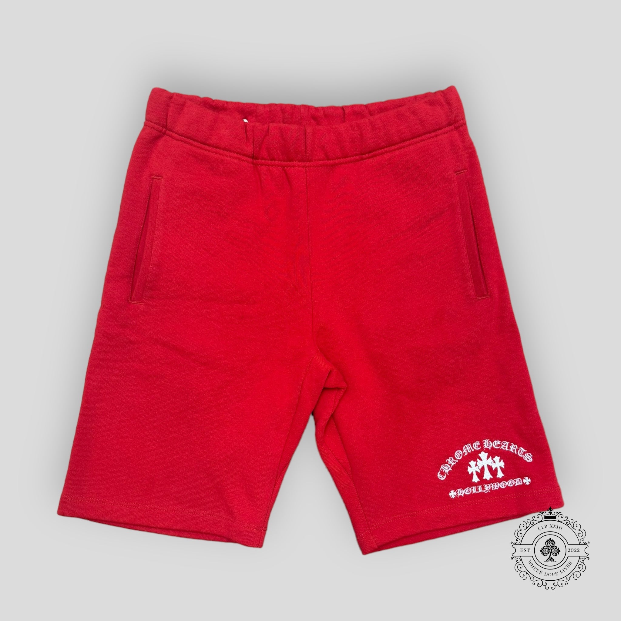 Chrome Hearts Cemetery Cross Embroidered Sweat Shorts in Red