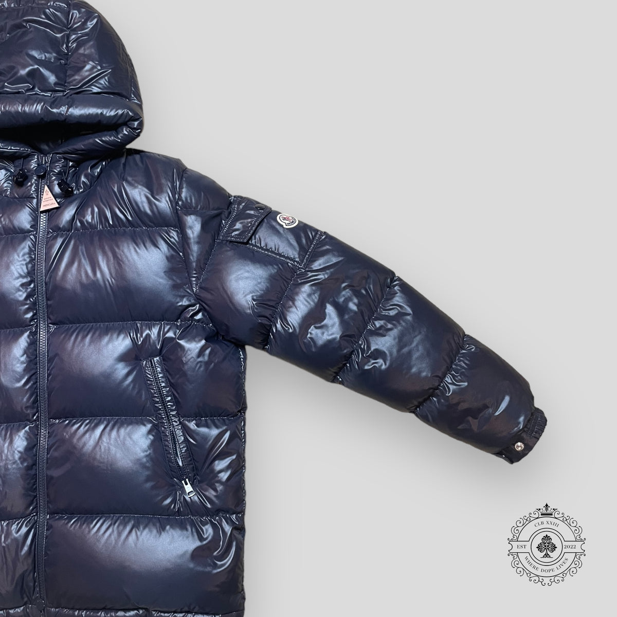 Moncler Maya Short Down Puffer Coat in Navy Blue