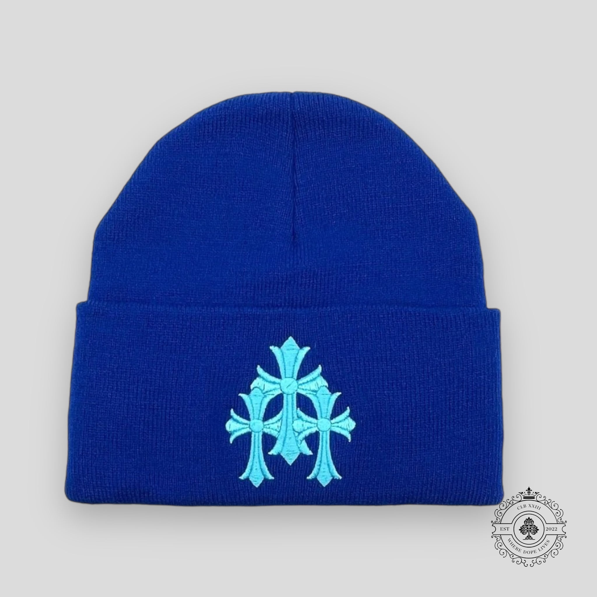 Chrome Hearts Triple Cross Embroidered Beanie in Blue