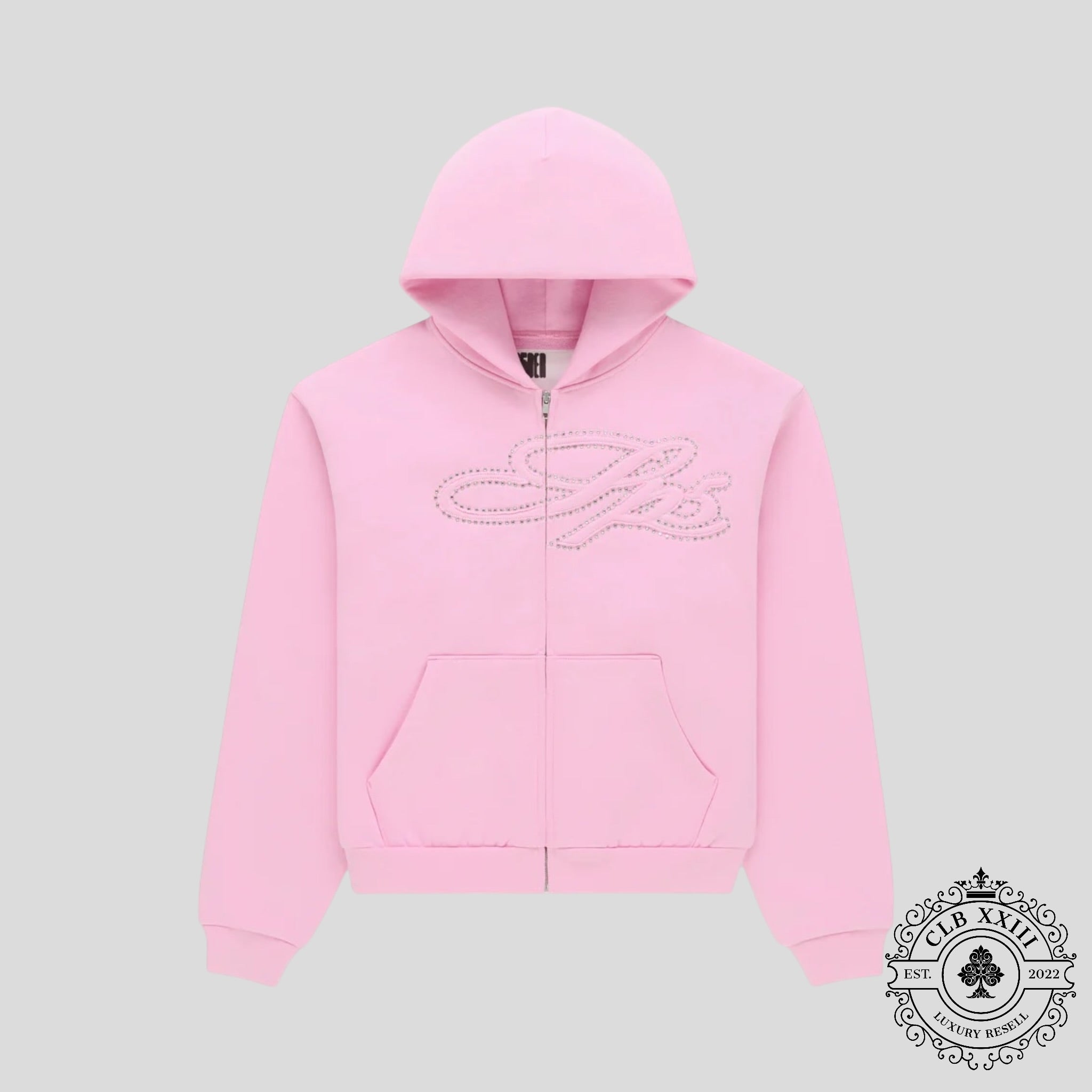 Sp5der Rhinestone Script Zip Up Hoodie in Pink