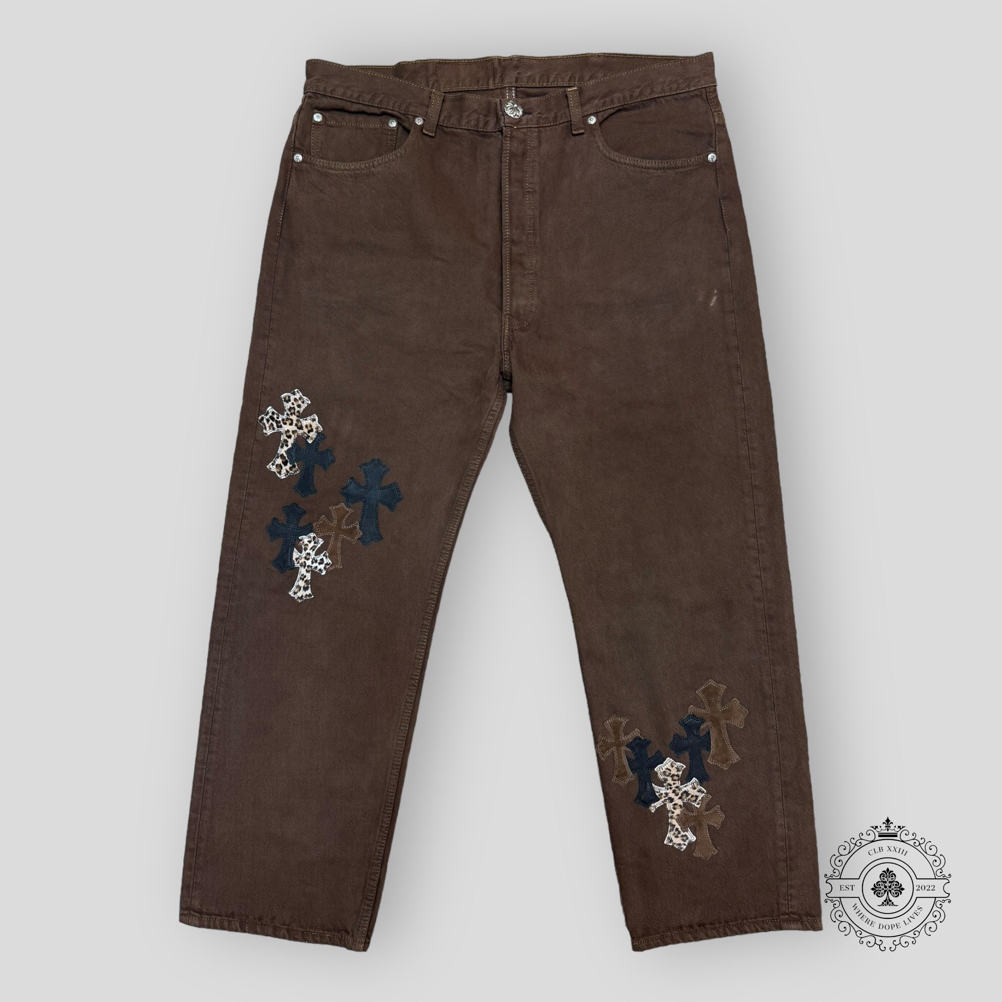 Chrome Hearts Brown Leopard Cross Patch Jeans