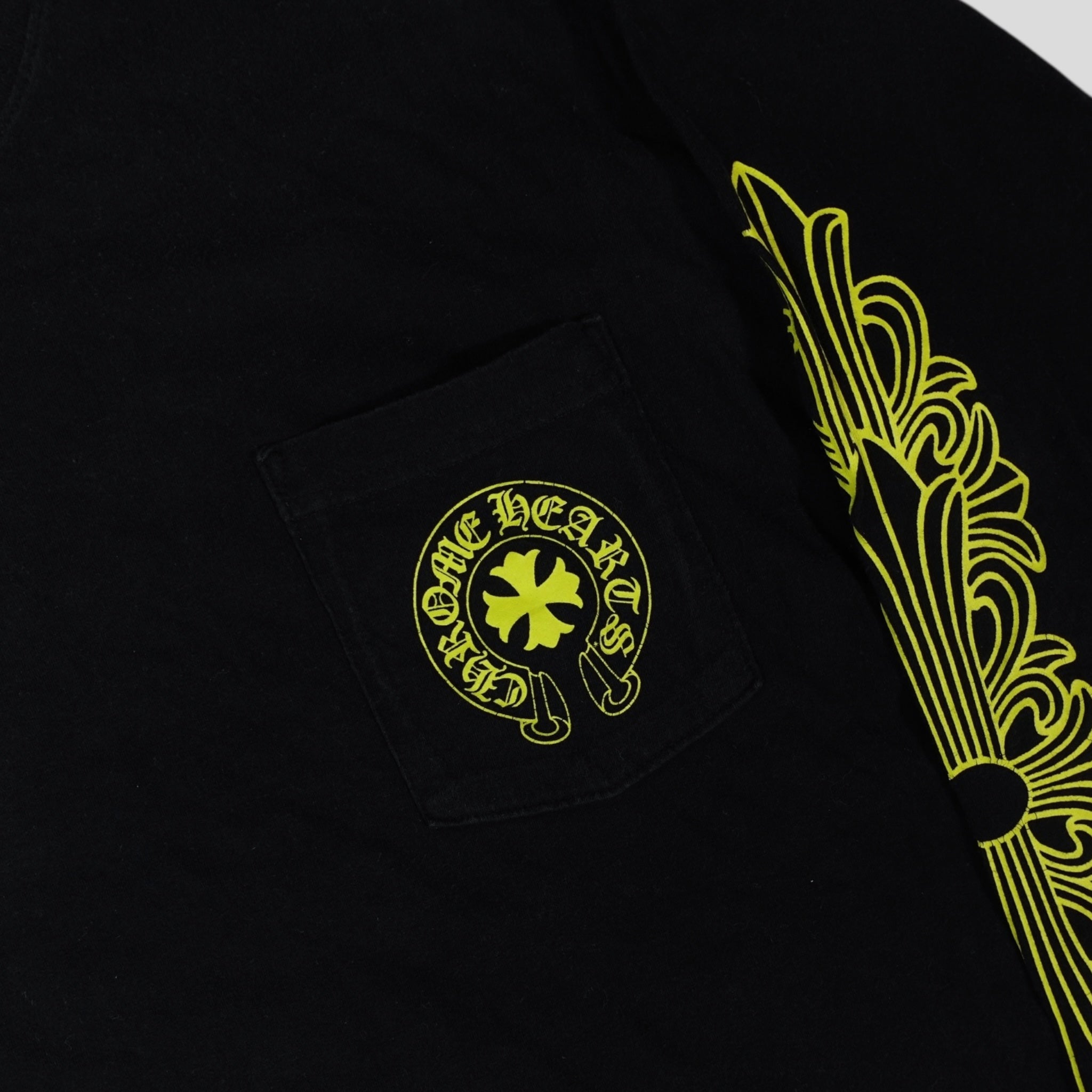 Chrome Hearts Eyechart Long Sleeve Shirt in Black/ Neon Green