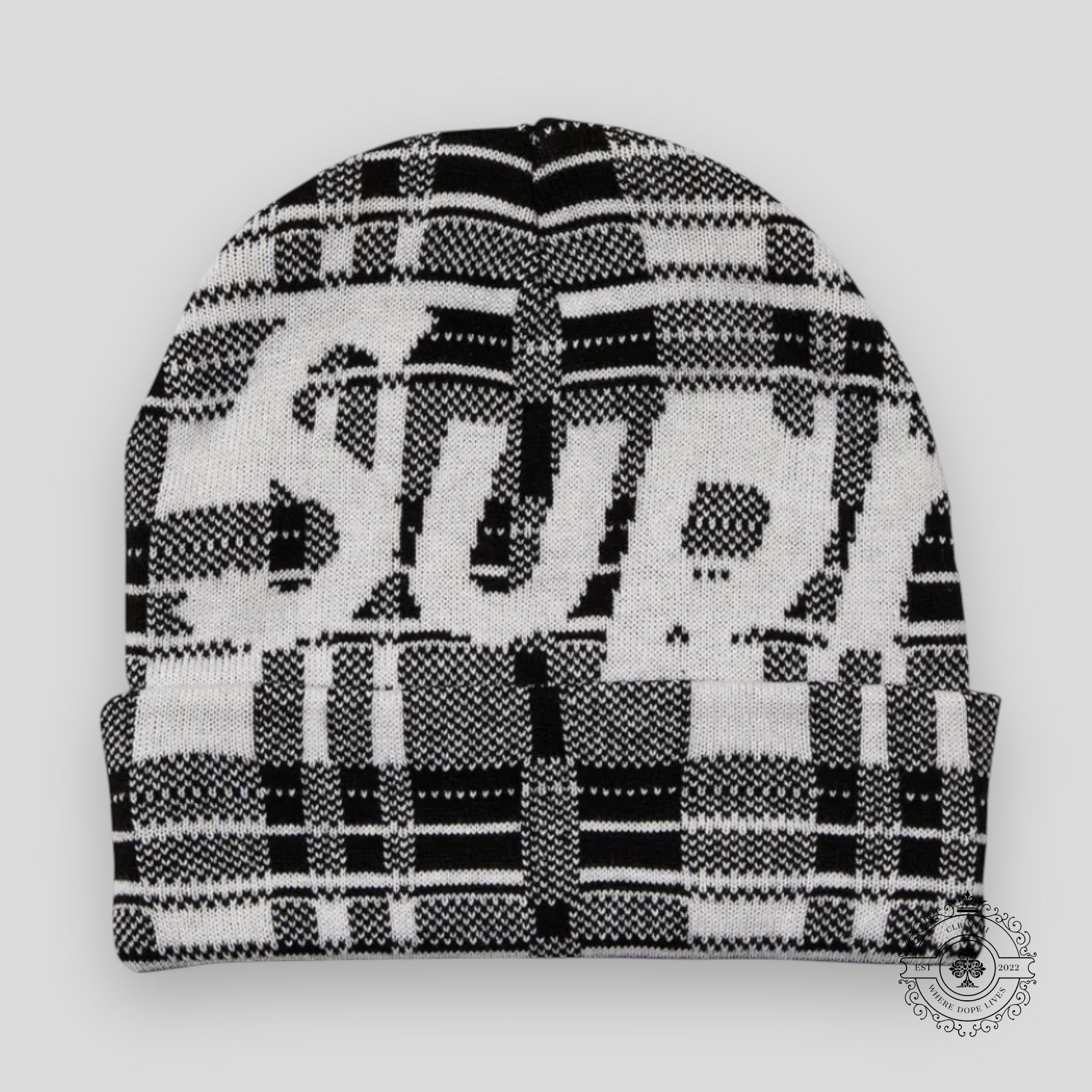 Supreme Big Logo Beanie in White Plaid