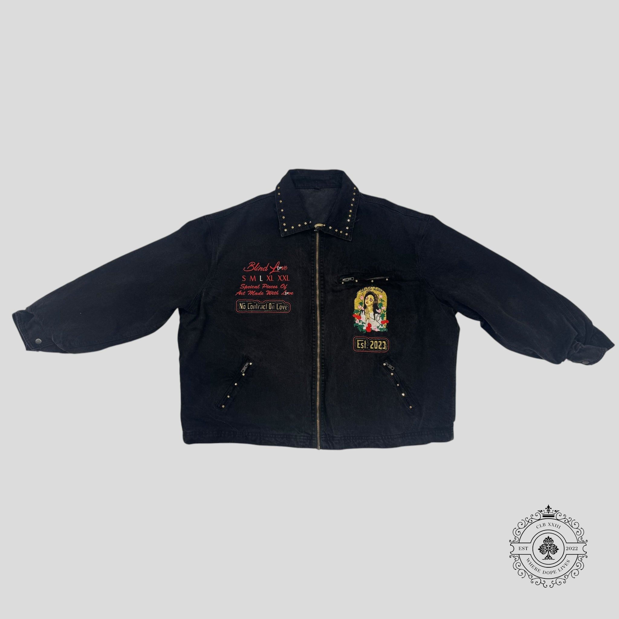 Blind Love Studded Embroidery Mary Trucker Jacket in Black