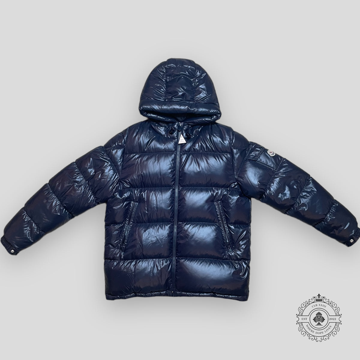 Moncler Maya Short Down Puffer Coat in Navy Blue