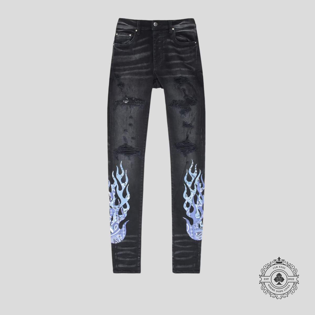 Amiri Bandana Flame Jeans in Black / Blue