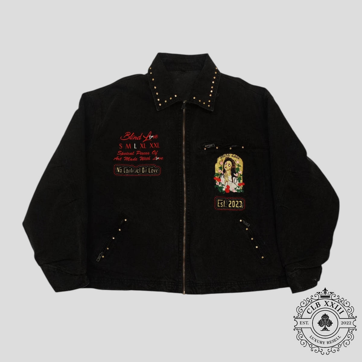 Blind Love Studded Embroidery Mary Trucker Jacket in Black