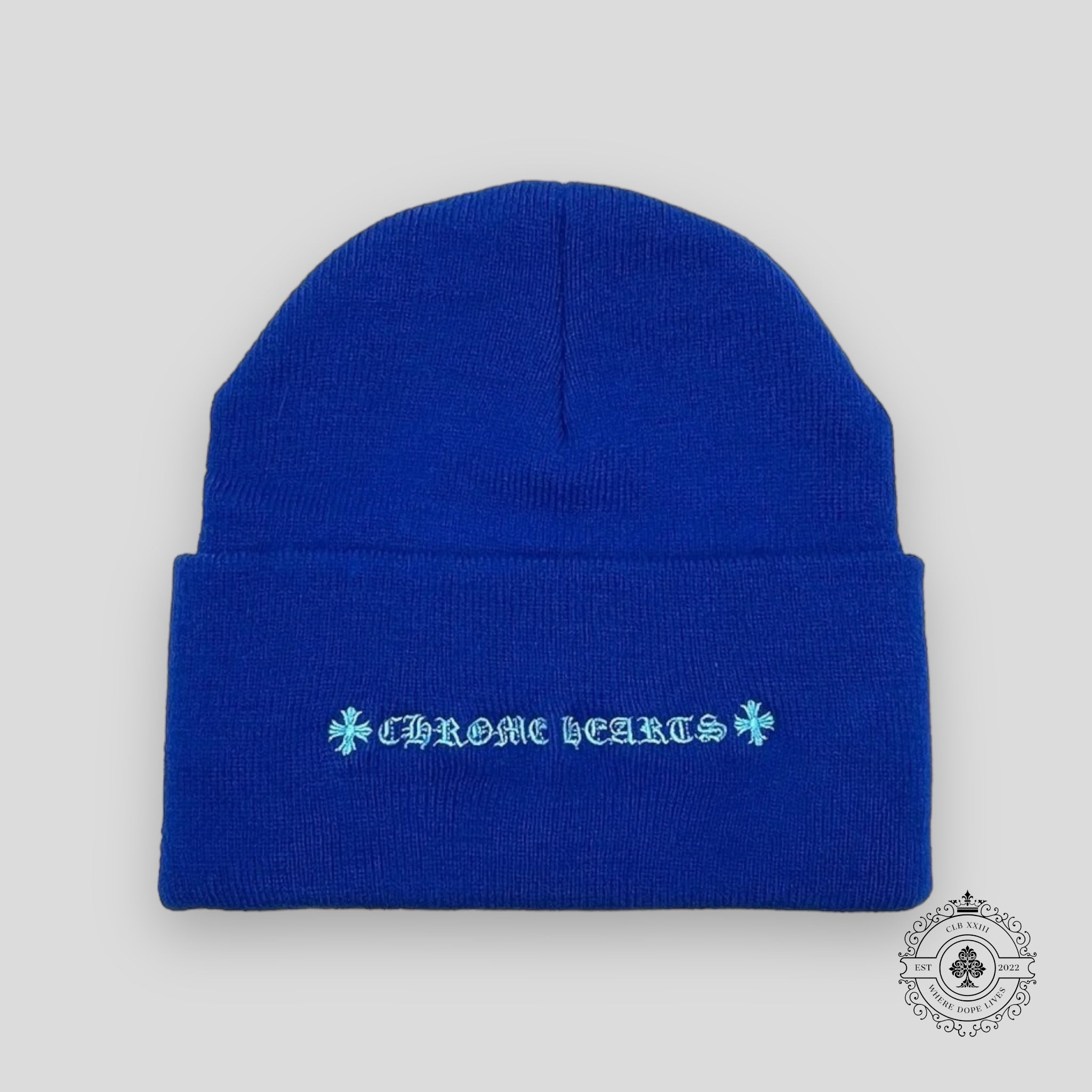 Chrome Hearts Triple Cross Embroidered Beanie in Blue