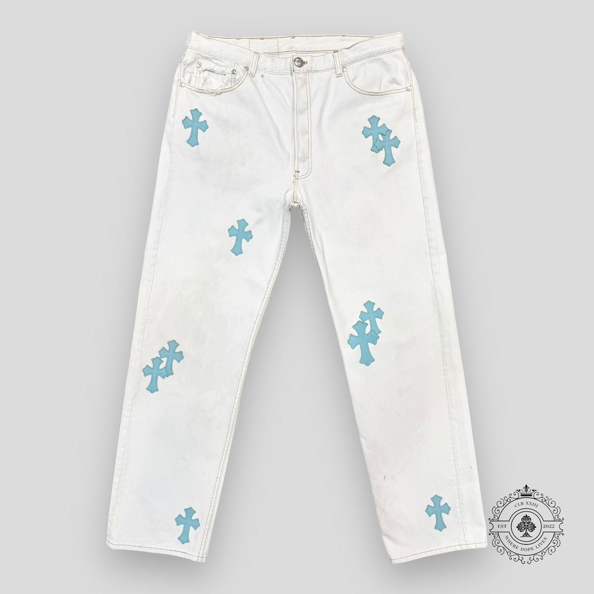 Chrome Hearts Cross Patch Jeans in White / Blue