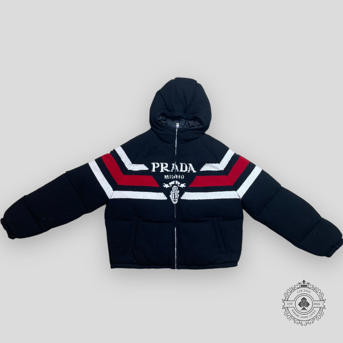Prada Cashmere Logo Down Jacket in Black