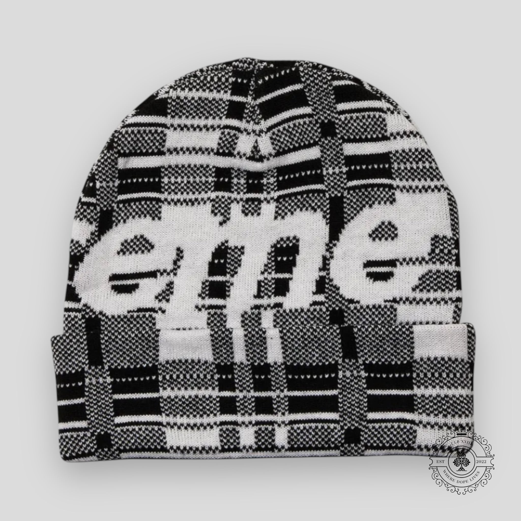 Supreme Big Logo Beanie in White Plaid