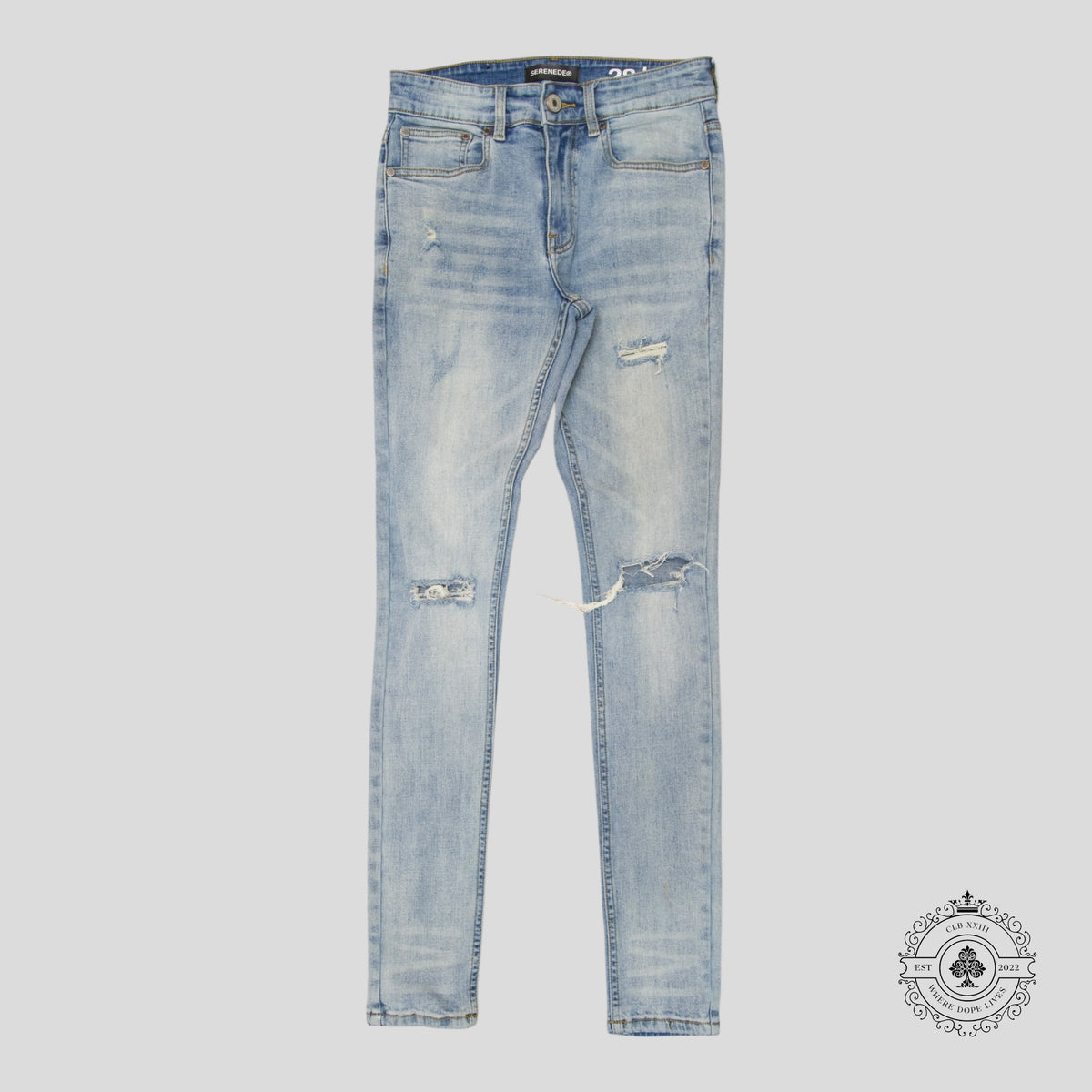 Serenede Distressed Fitted Denim Jeans in Light Wash