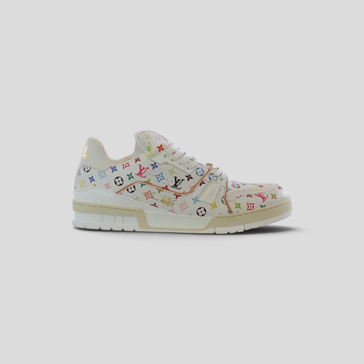 CLB XXIII Louis Vuitton X Takashi Murakami LV Trainer sneaker in white leather with colorful monogram art motifs