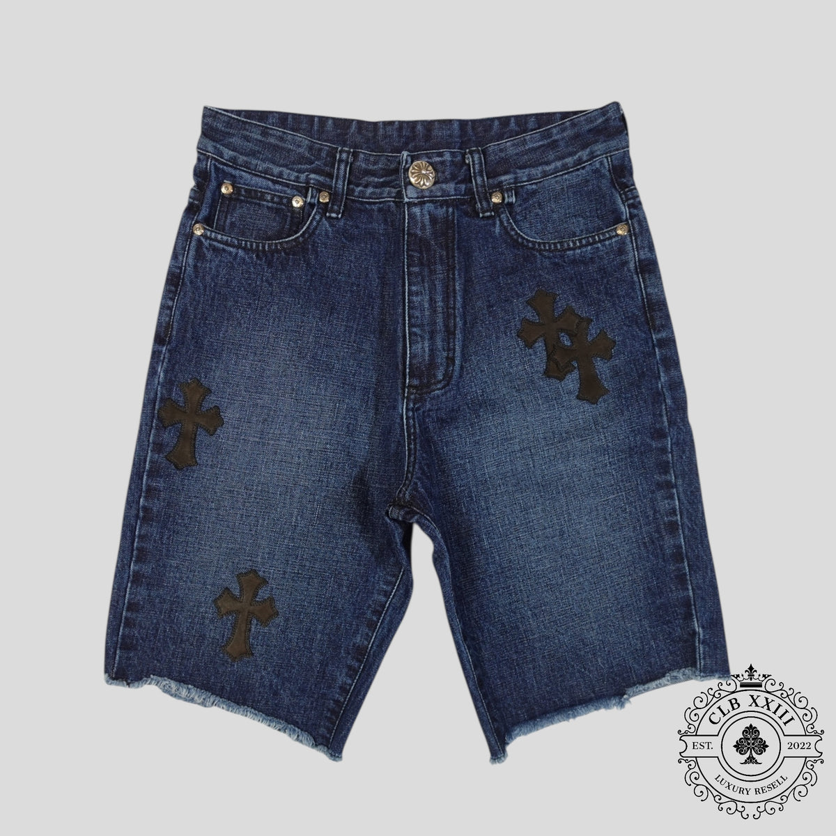 Chrome Hearts Cross Patch Denim Shorts in Dark Wash