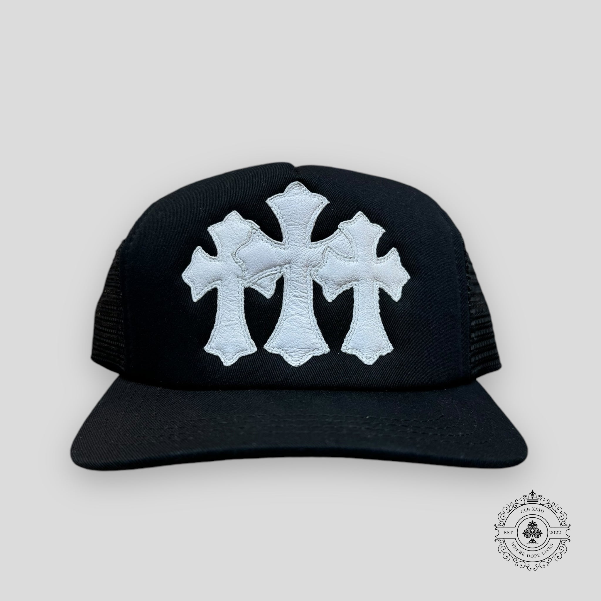 Chrome Hearts Triple Cross Trucker Hat in Black / White