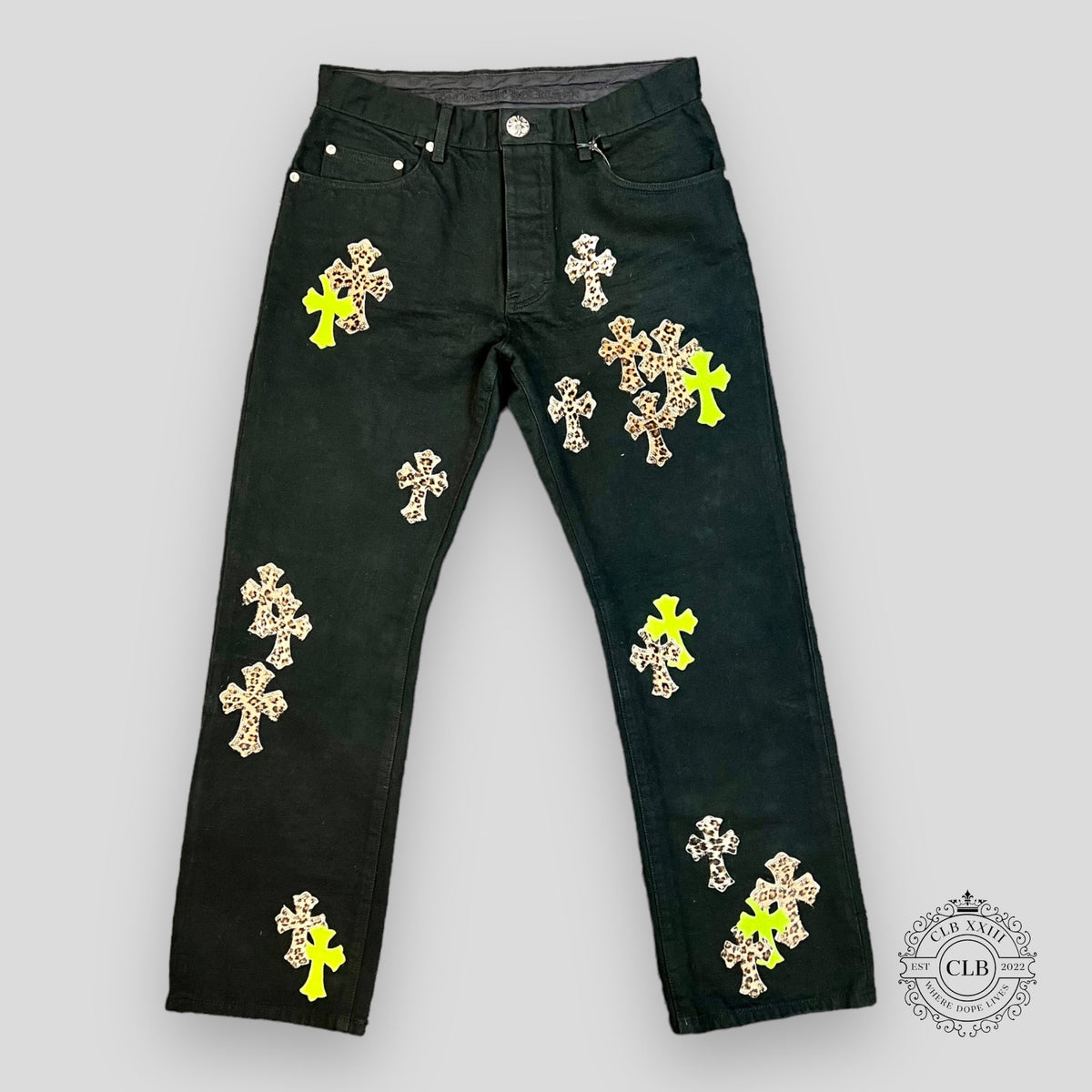 Chrome Hearts Cross Patch Denim Jeans in Black / Green