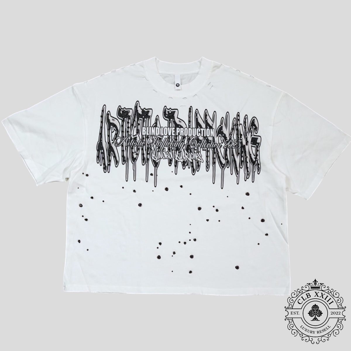 Blind Love Artistic Trafficking Rhinestone T-Shirt in White/Black
