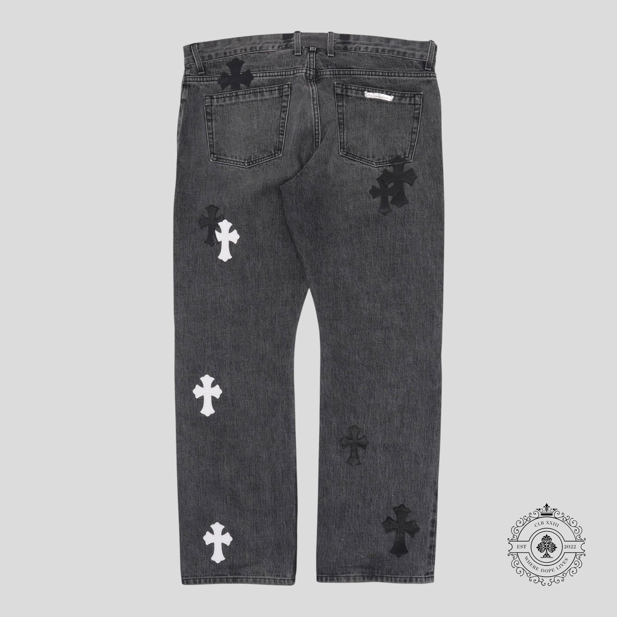 Chrome Hearts Fleur Knee Cross Patch Jeans in Black / White