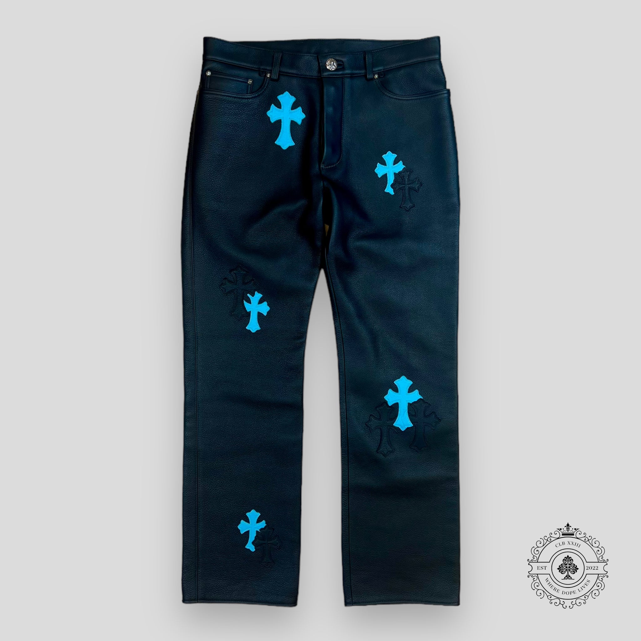 Chrome Hearts Cross Patch Leather Pants in Black/Blue