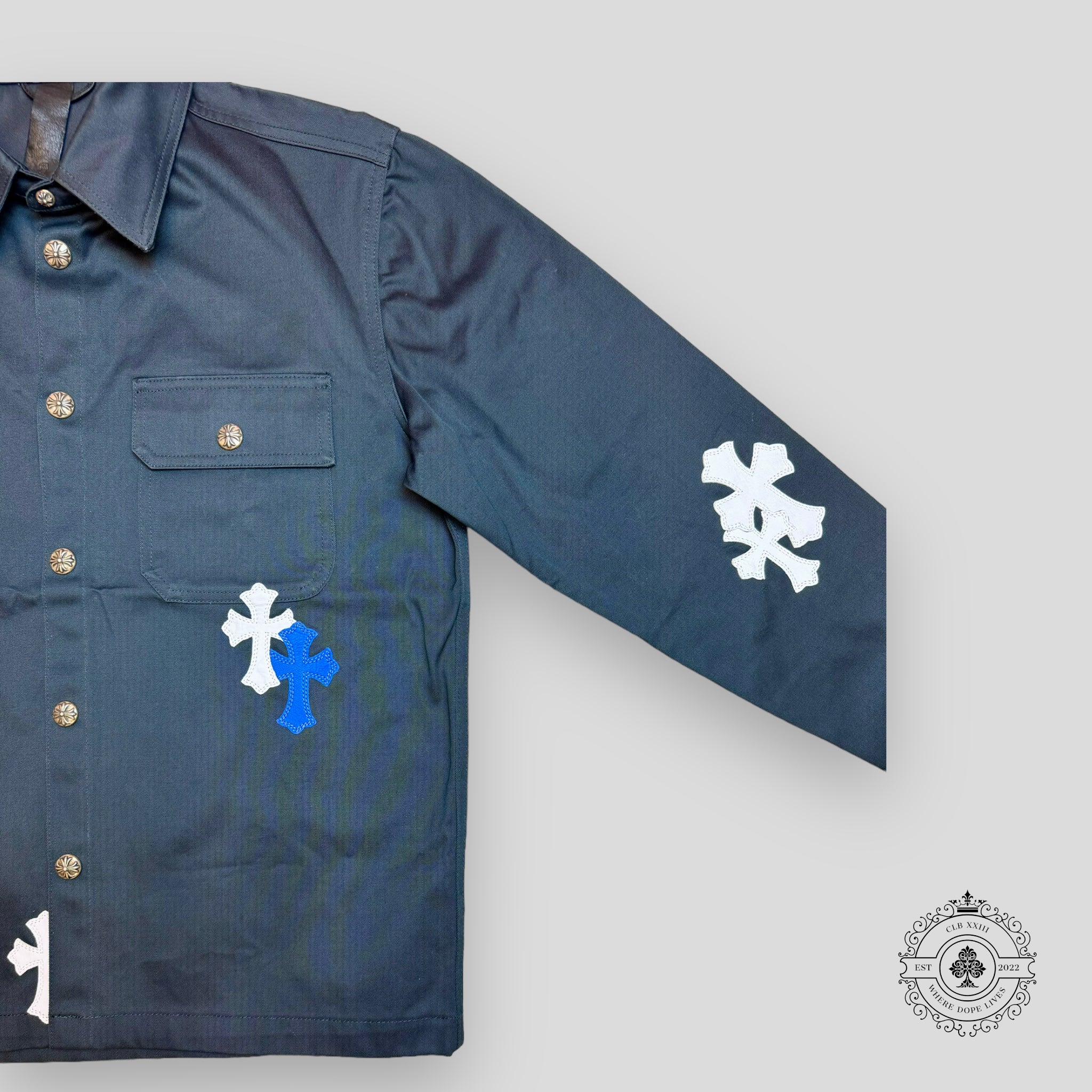 Chrome Hearts Cross Patch Work Dog Shirt in Navy Blue