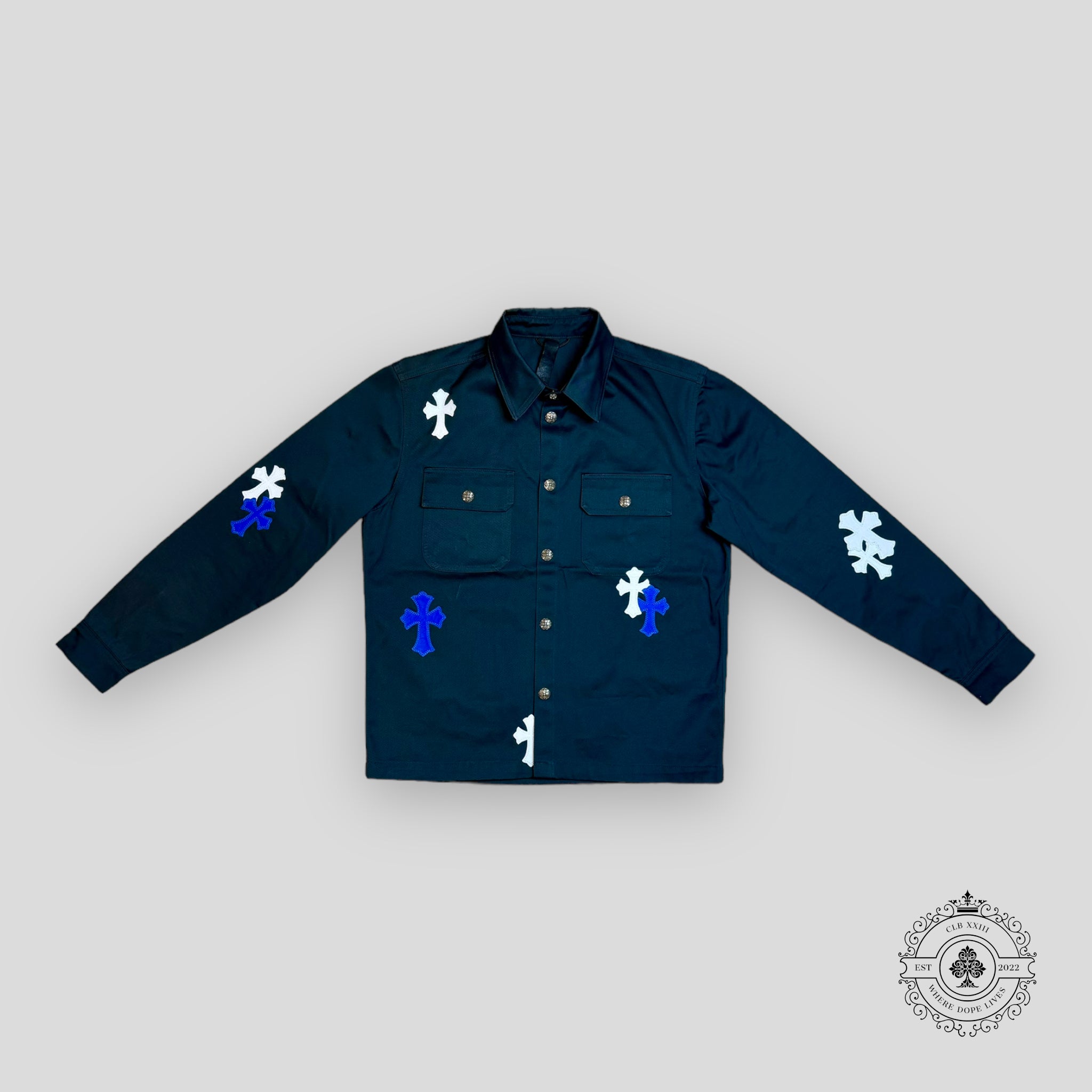 Chrome Hearts Cross Patch Work Dog Shirt in Navy Blue