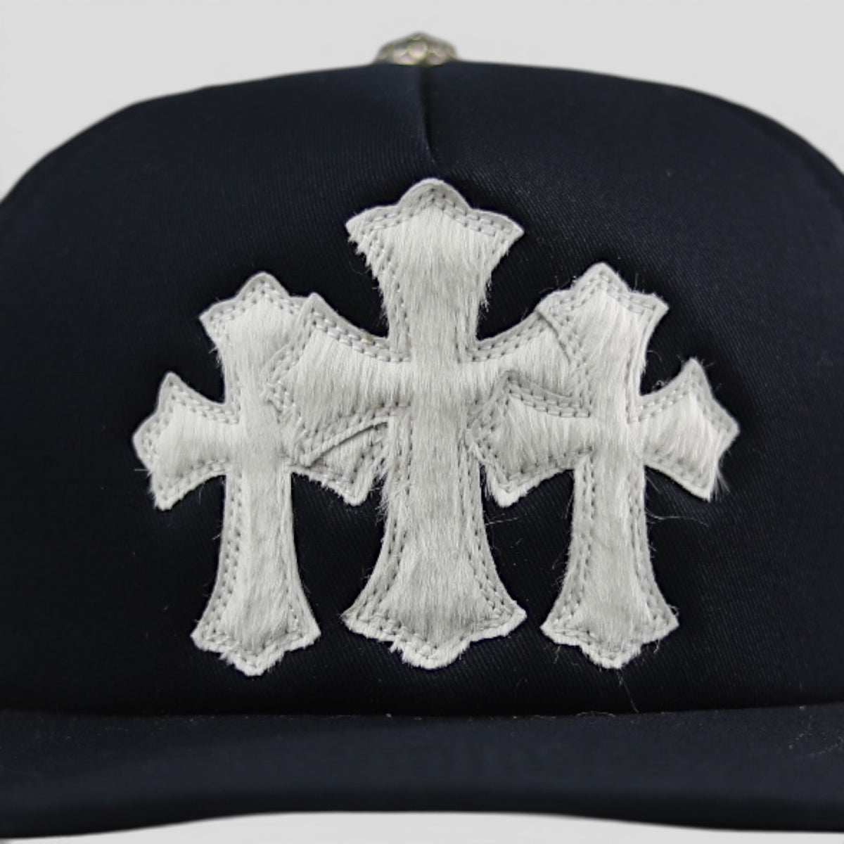 Chrome Hearts Pony Hair Cemetery Cross Trucker Hat in Black