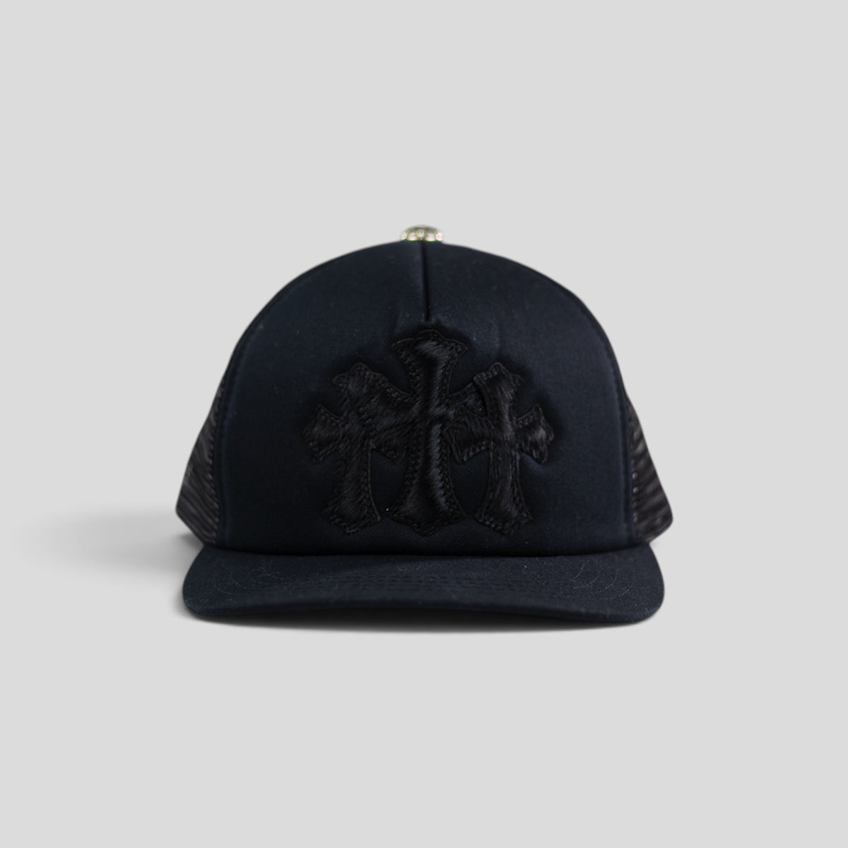 Chrome Hearts Pony Hair Cemetery Cross Trucker Hat in Black