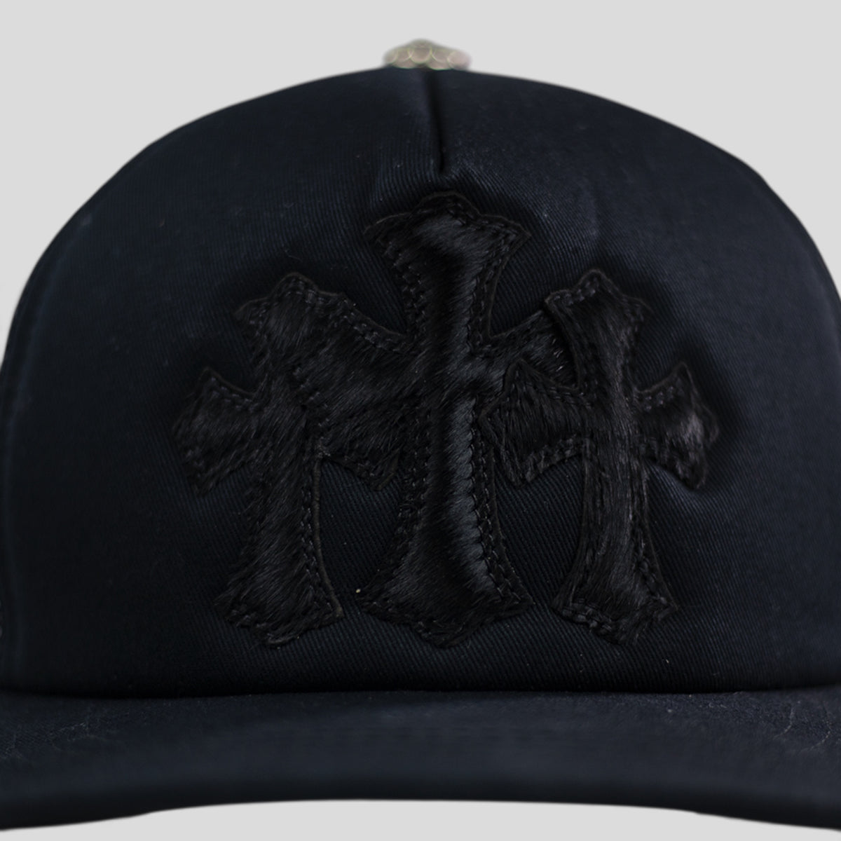 Chrome Hearts Pony Hair Cemetery Cross Trucker Hat in Black