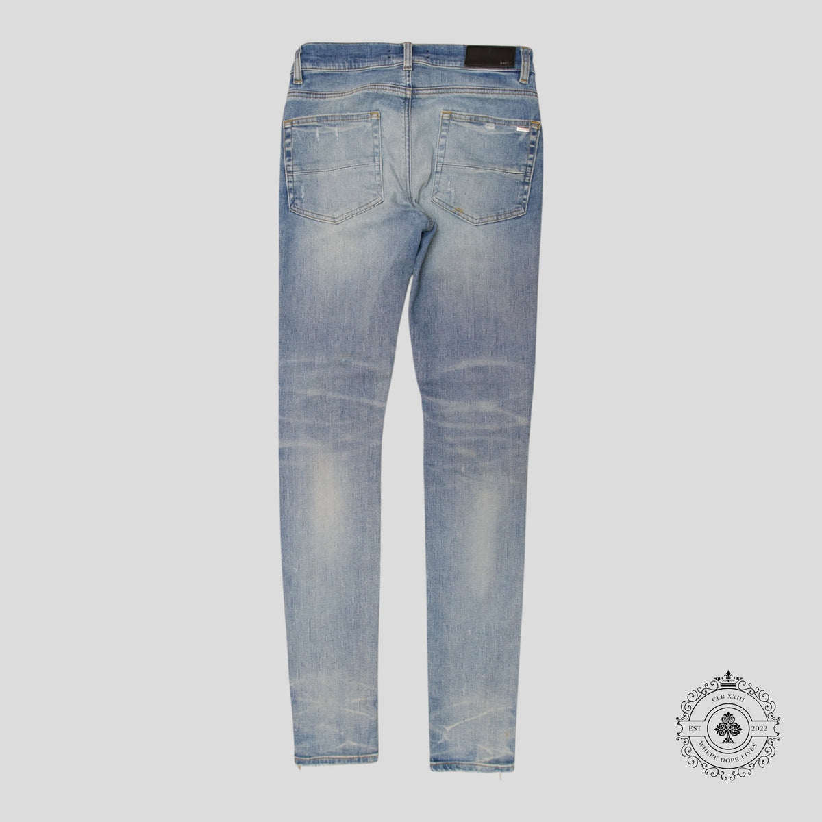 Amiri MX1 Leather Patch Jeans in Light Indigo