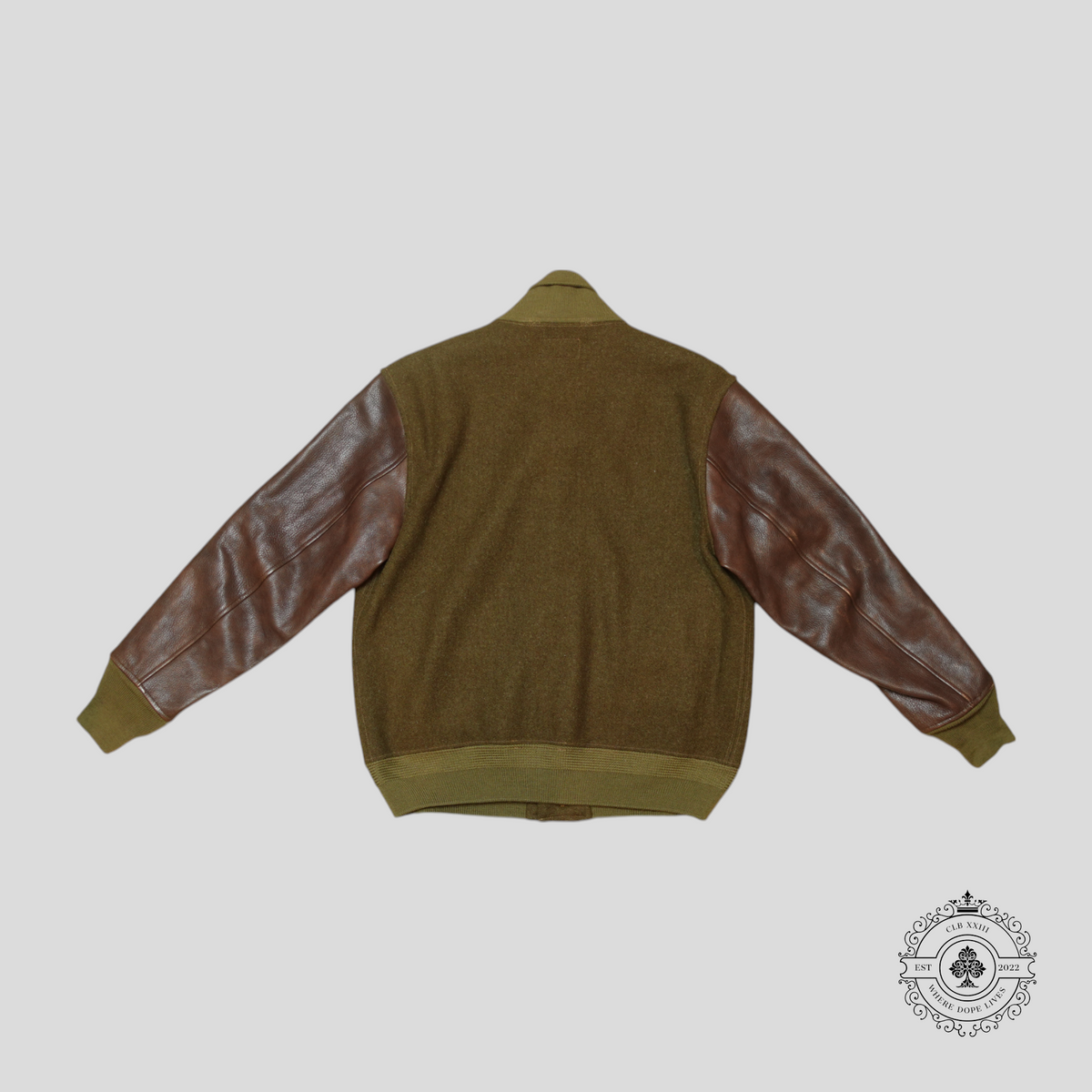 RRL Arrowhead Patch Wool Varsity Jacket in Green/Brown