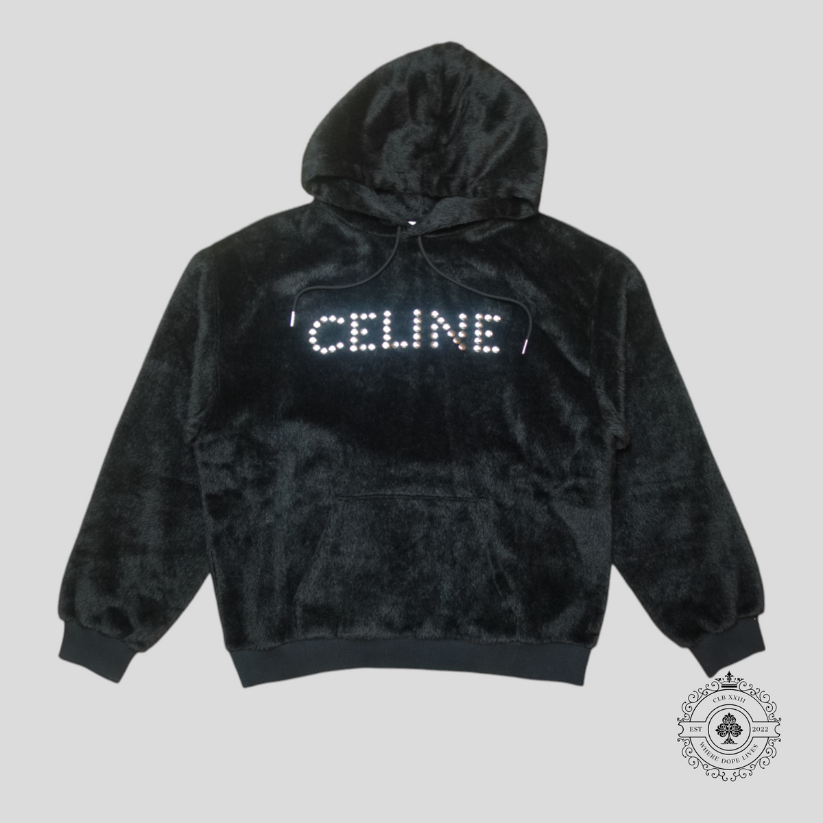 Celine Logo Studded Alpaca Wool Hoodie in Black