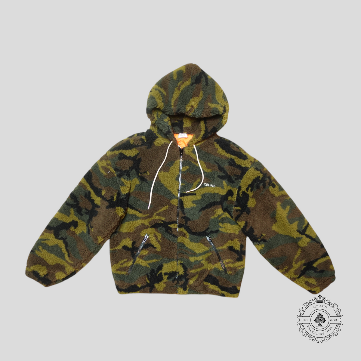 Celine Zip Up Hooded Fleece Jacket in Camo/Orange