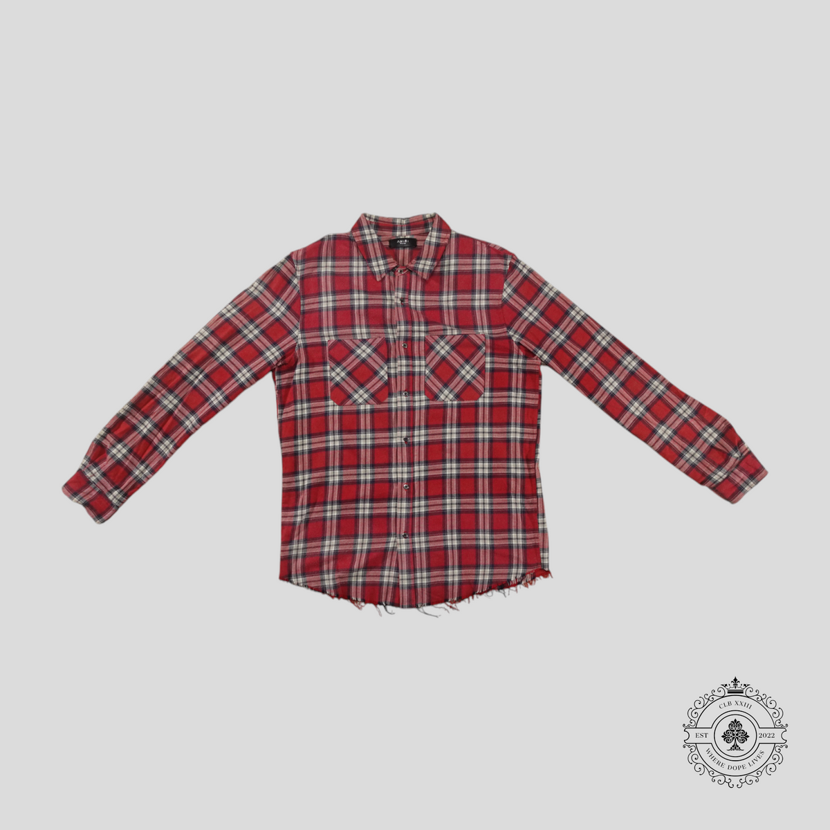 Amiri Distressed Hem Flannel Overshirt in Red