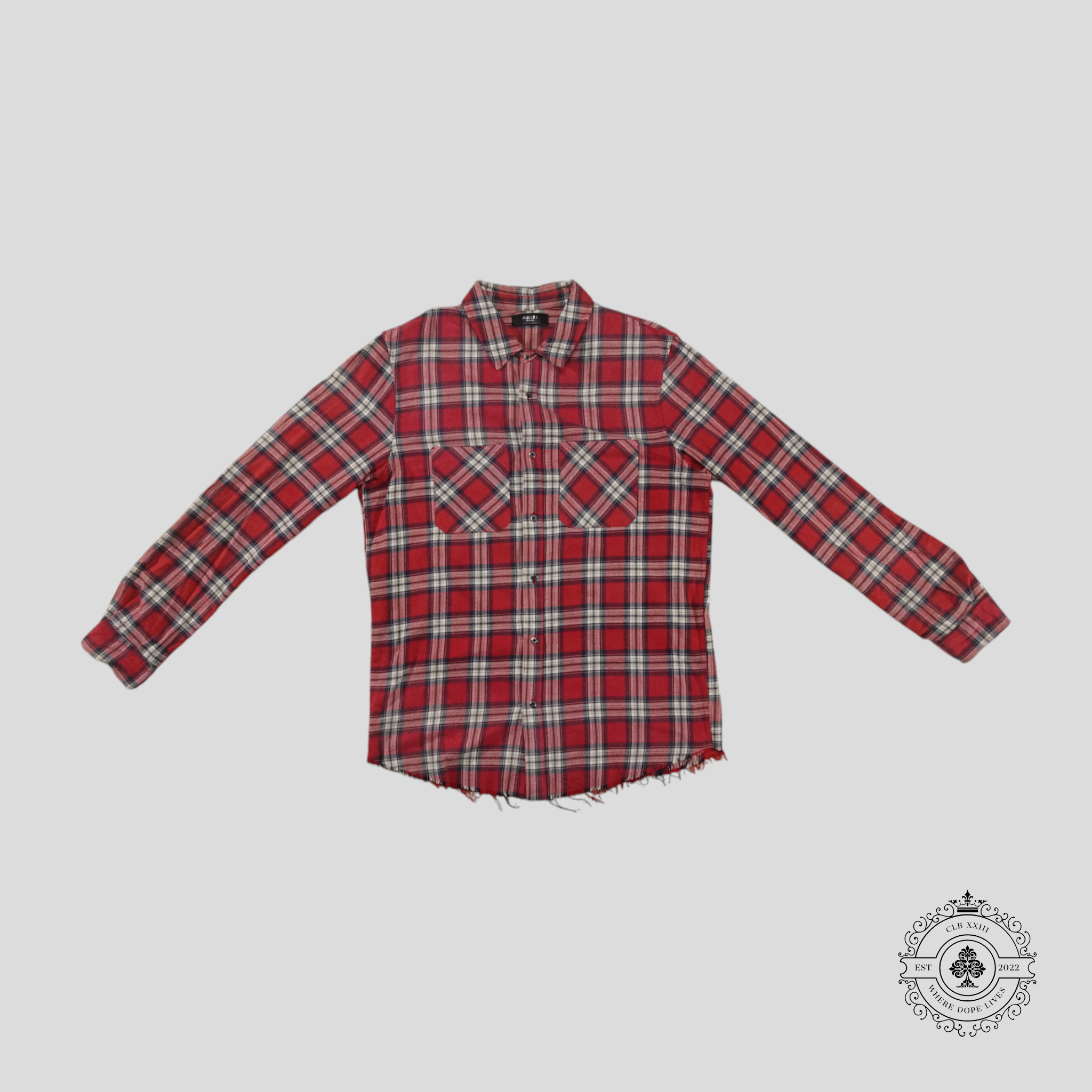 Amiri Distressed Hem Flannel Overshirt in Red