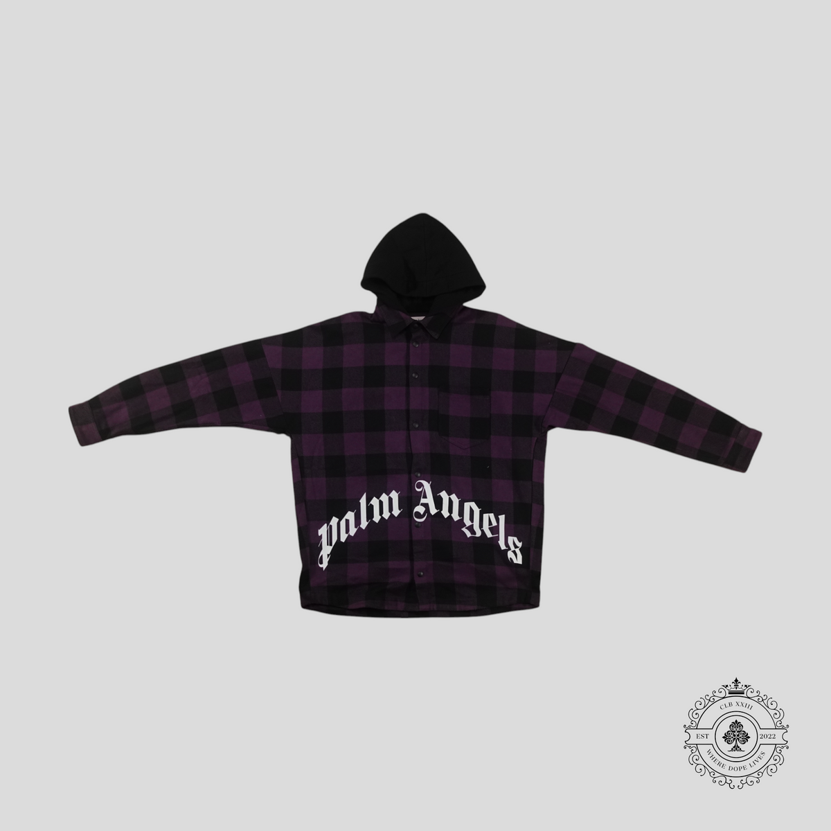 Palm Angels Checked Flannel Hooded Overshirt in Purple/Black