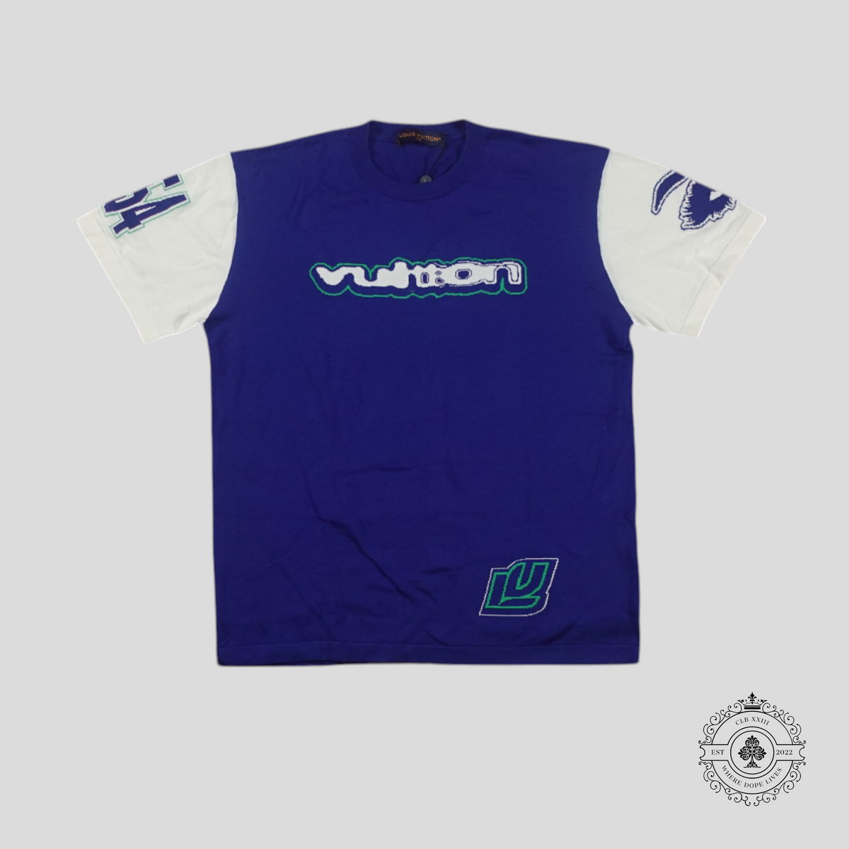 Louis Vuitton Racing Intarsia Knit Short Sleeve Crewneck in Blue