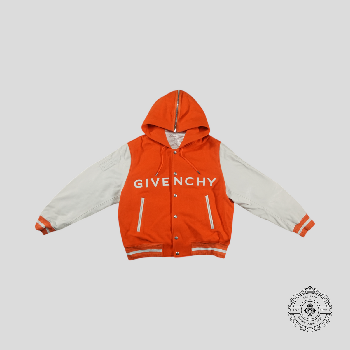 Givenchy Hooded Varsity Jacket in Orange/White